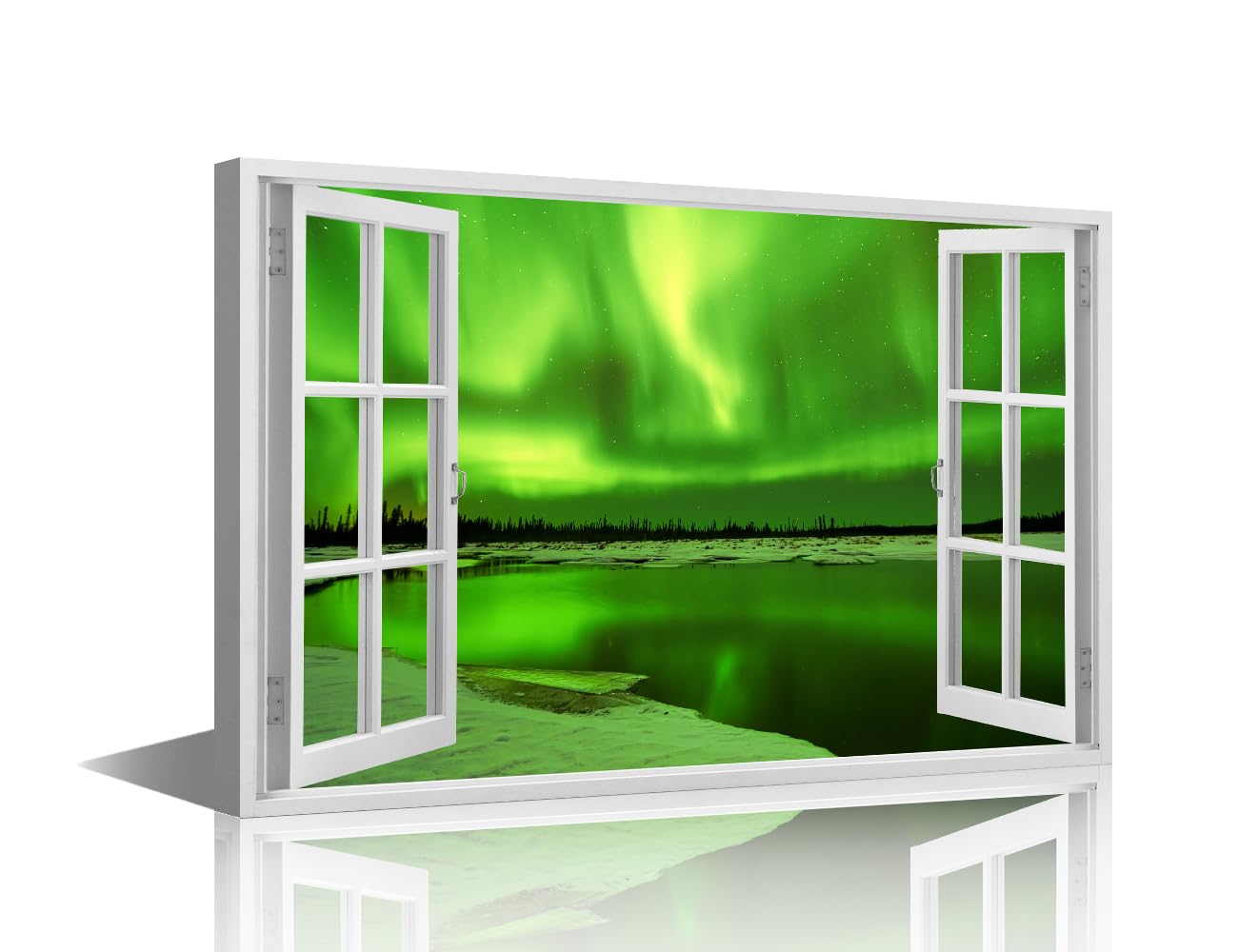 1 Panel Canvas Wall Art for Bedroom Northern Lights Wall Paintings for Living Room 3D Fake Windows Office Modern Decor Alaska Aurora Borealis Pictures Print On Canvas Framed, 24x16in