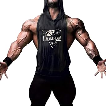 Mens Workout Hooded Tank Tops Gym Muscle Hoodies Sleeveless Shirts with Pocket