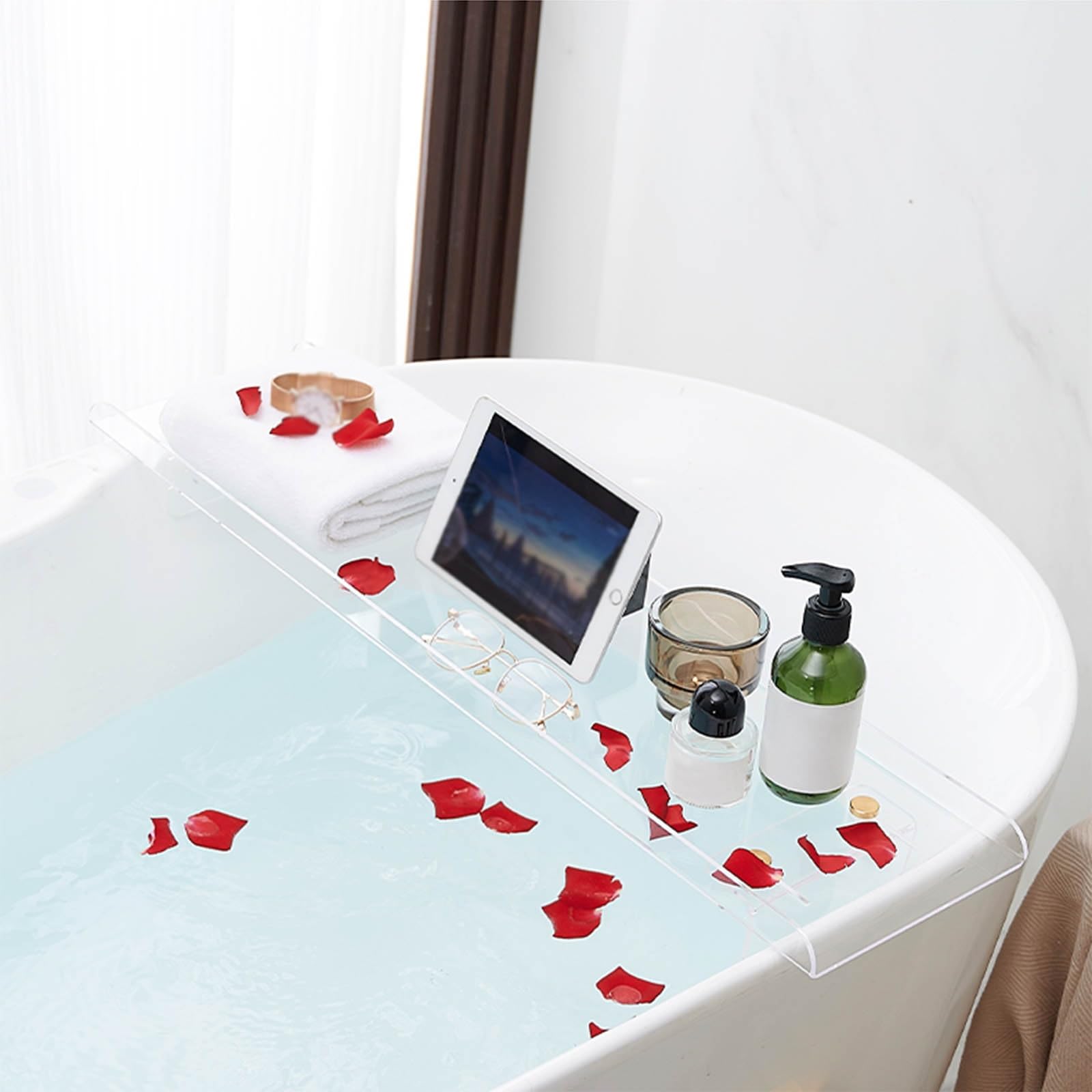 MYUYEE Acrylic Bathtub Tray Organizer For Two Luxury Bath Caddy With Multi Function Design For Ultimate Relaxation And Convenience Durable And Stylish (White-70Cm/27.5In)