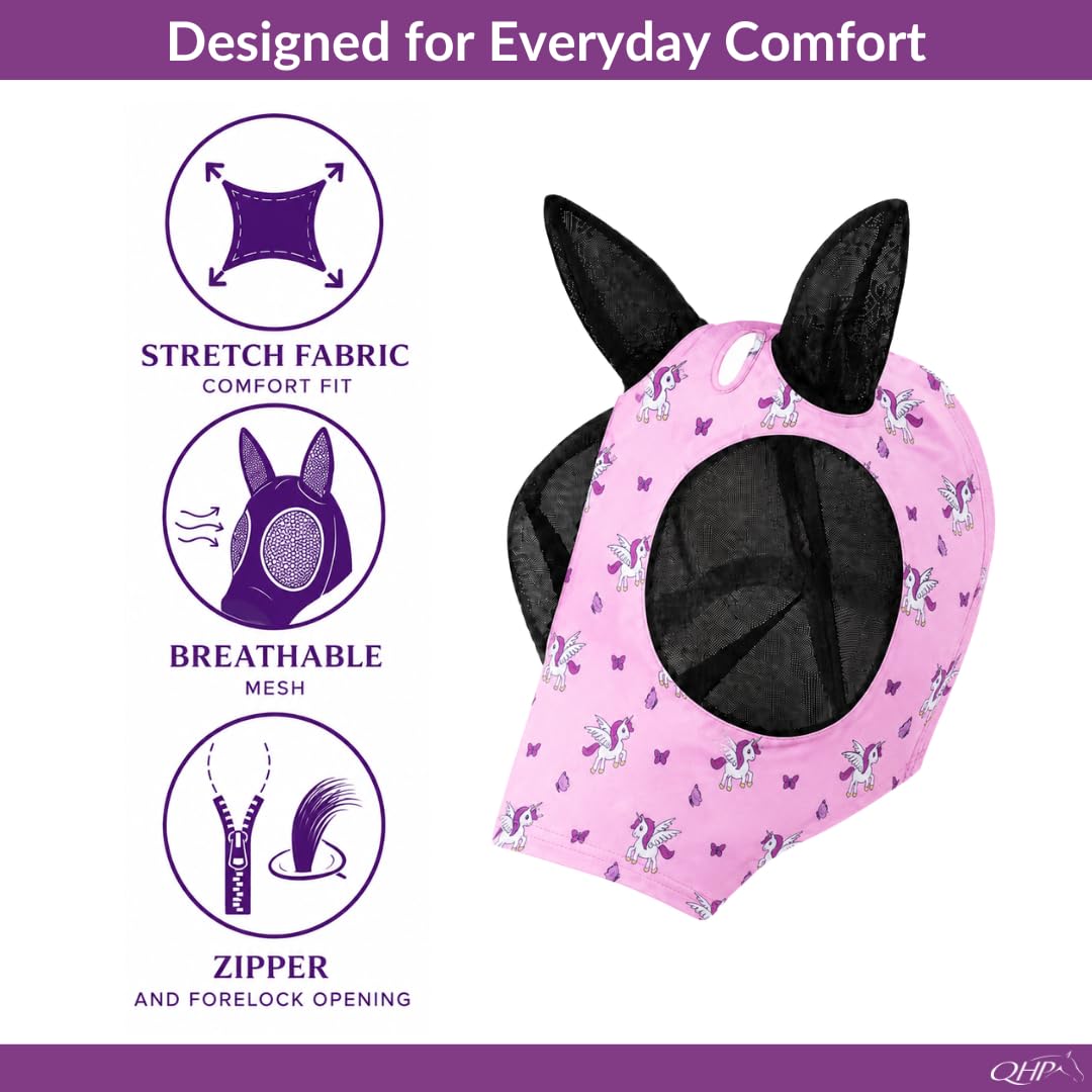 QHP Masque anti-mouches, motif licorne, rose