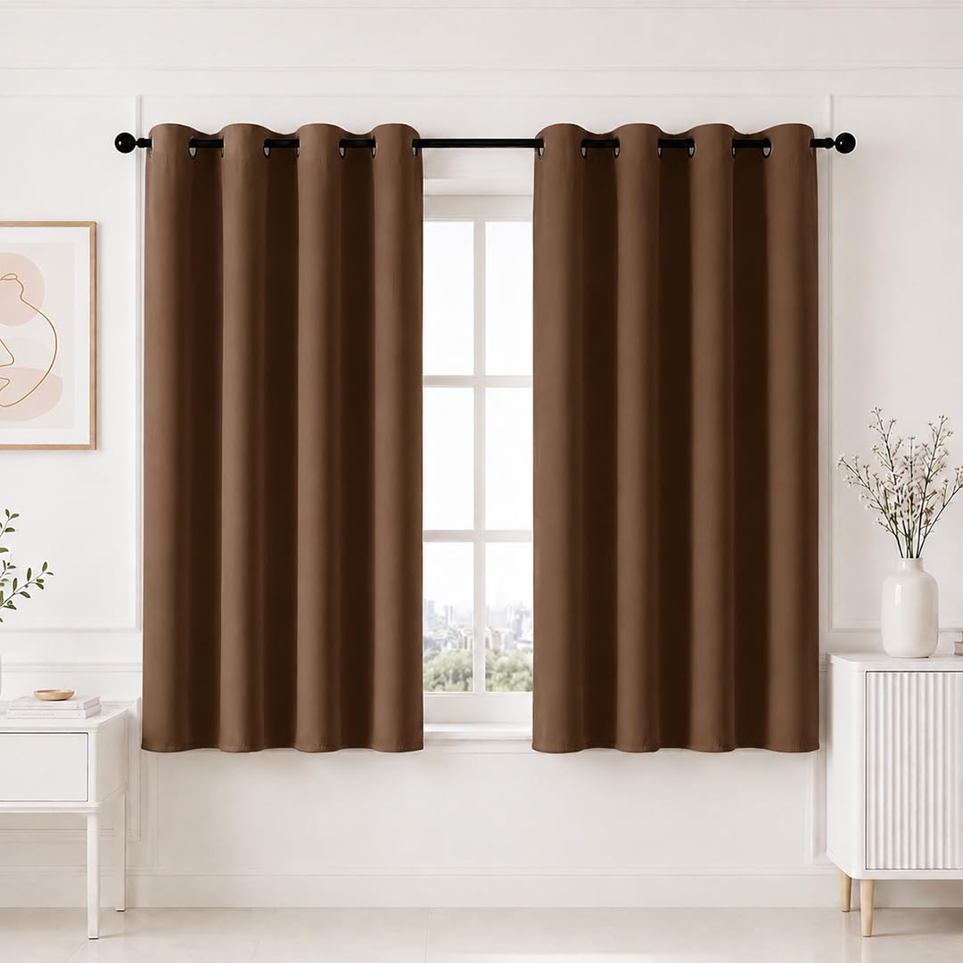 HOMEMONDE 100% True Blackout Curtains 5 Feet for Window Set of 2 - Faux Silk Blackout Thick Curtains, Room Privacy and Thermal Insulation 60 Inch - (Dark Brown, 152x118 CMs)