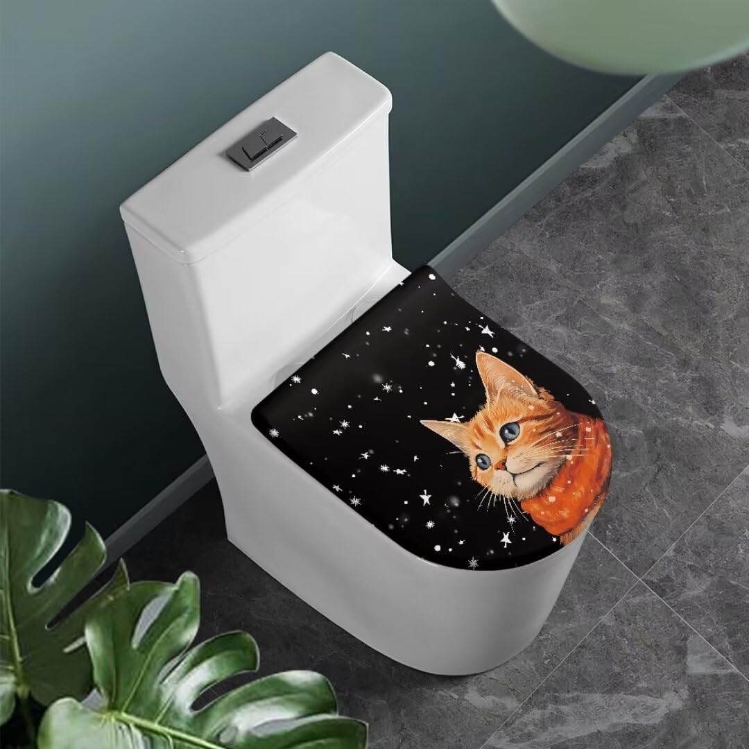ORGYPET Cat in Winter Toilet Lid Cover Novelty Toilet Lid Cover Dust Cover Stretch Toilet Cover for Bathroom Fits Most Size Toilet Lids Holiday Decorations