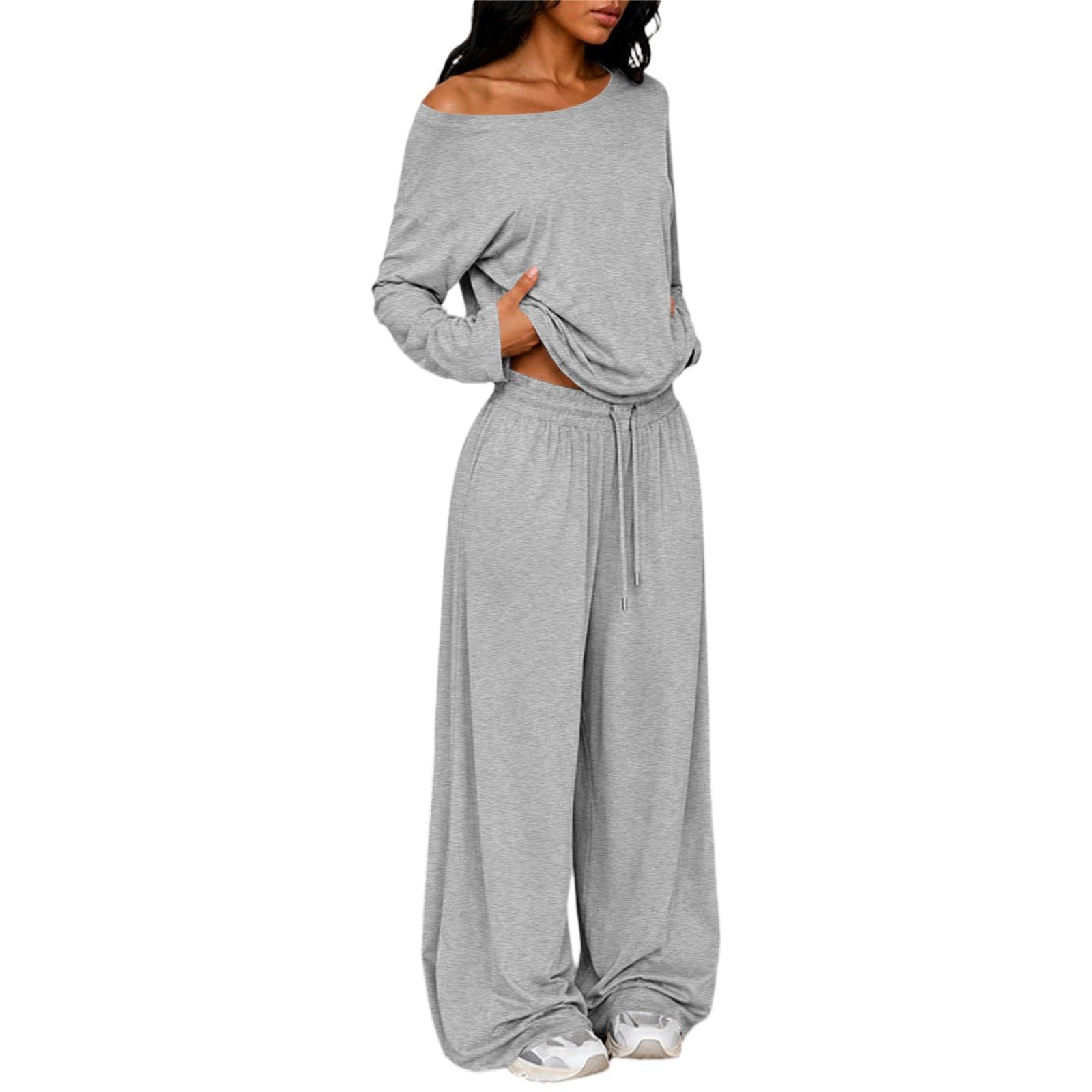 Womens Ashy Gym Set with Off Shoulder Top and Wide Leg Trousers
