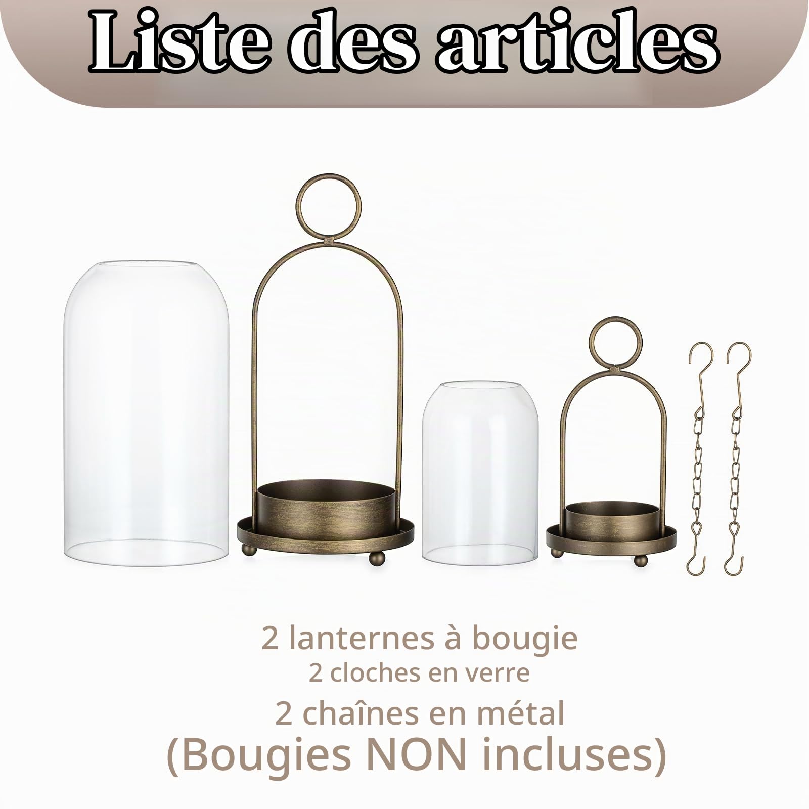 Sziqiqi Bougeoir Hurricane pour Bougies Piliers : Lanterne Vintage Laiton avec Dôme en Verre pour Salon - Lot de 2 Grandes Lanternes Métalliques avec Chaîne pour Centre de Table Cheminée Extérieur