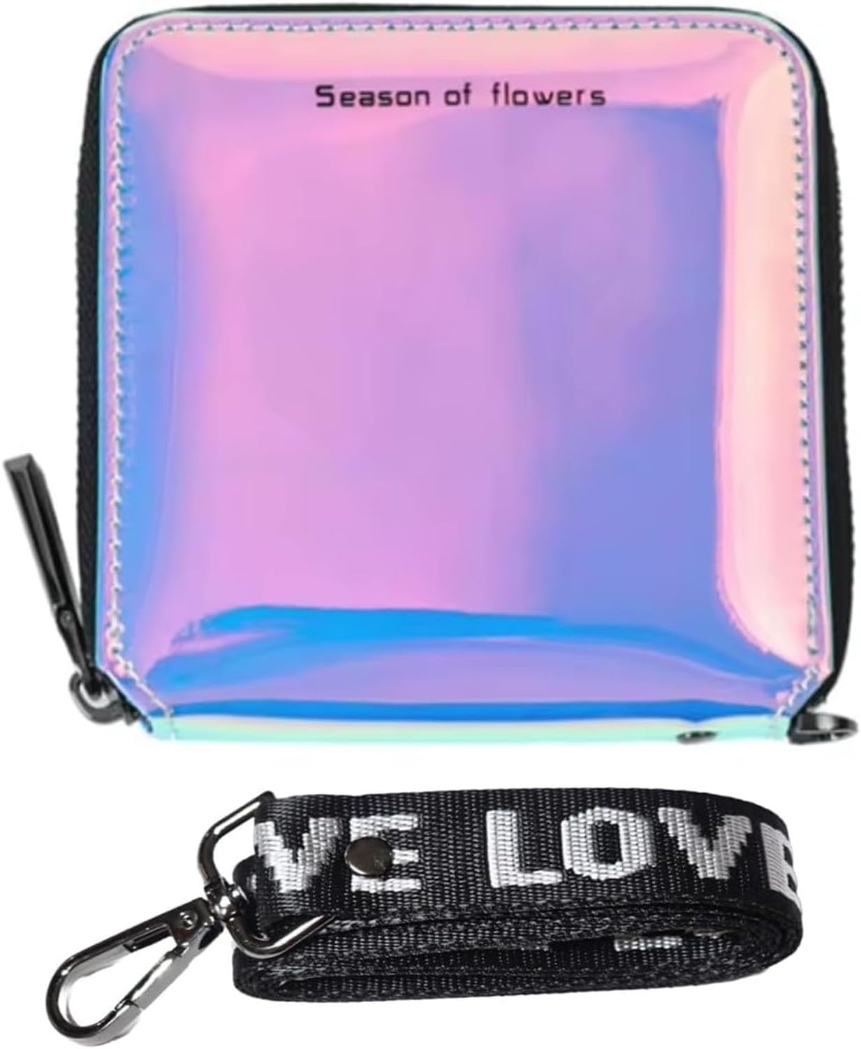 KGAIXN for Women Synthetic Leather Holographic Shiny Laser Zipper Wallet with Detachable Lanyard Around Neck Wristlet Small Purse Short Blue, #01 Short-Blue