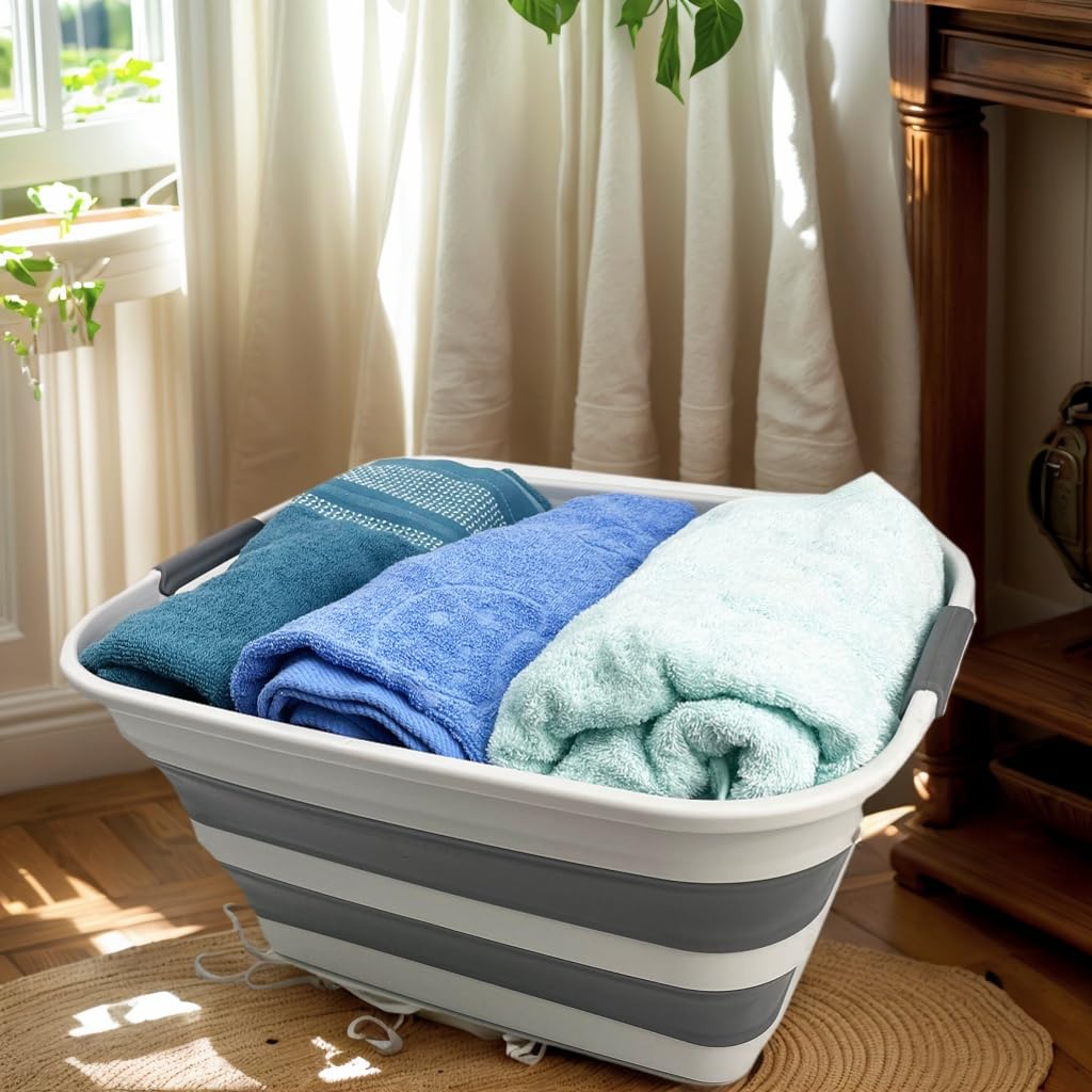 SAMMART Set di 2 biancheria pieghevole in plastica – Contenitore pieghevole pop-up – Lavandino portatile – Cesto portabiancheria salvaspazio (Grigio/Grigio acciaio, 27L)