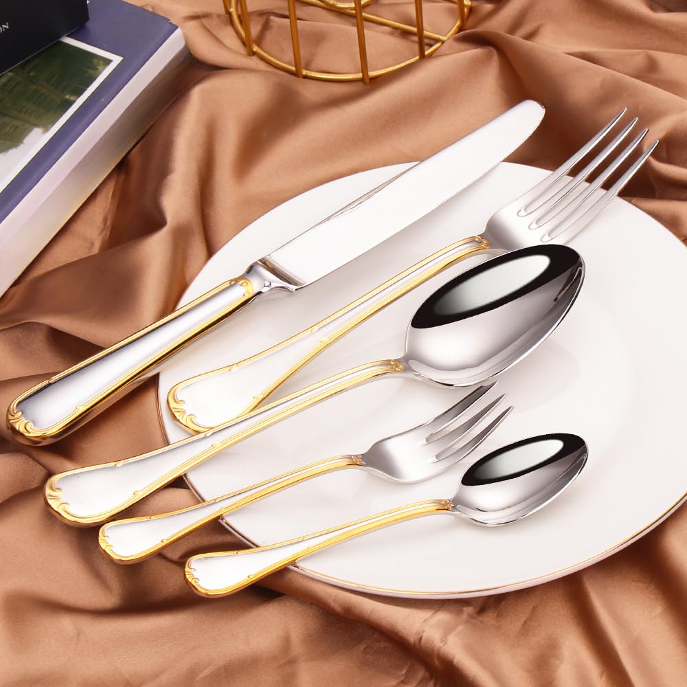 Oro Cerchiato Manico Dorato Cucina Acciaio Inox Argenteria Stoviglie Posate Set Bistecca Coltello Forchetta Cucchiaio Cucchiaino (12 pezzi)
