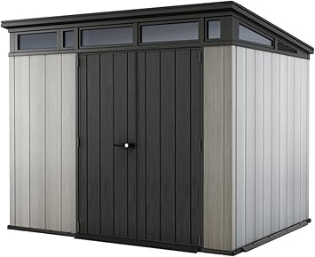 Outdoor 9x7 Ft All-Weather Resin Storage Shed Windows and Floor Built-in Ventilation Lockable Double Doors for Backyard Patio Garden Home Pool Grey
