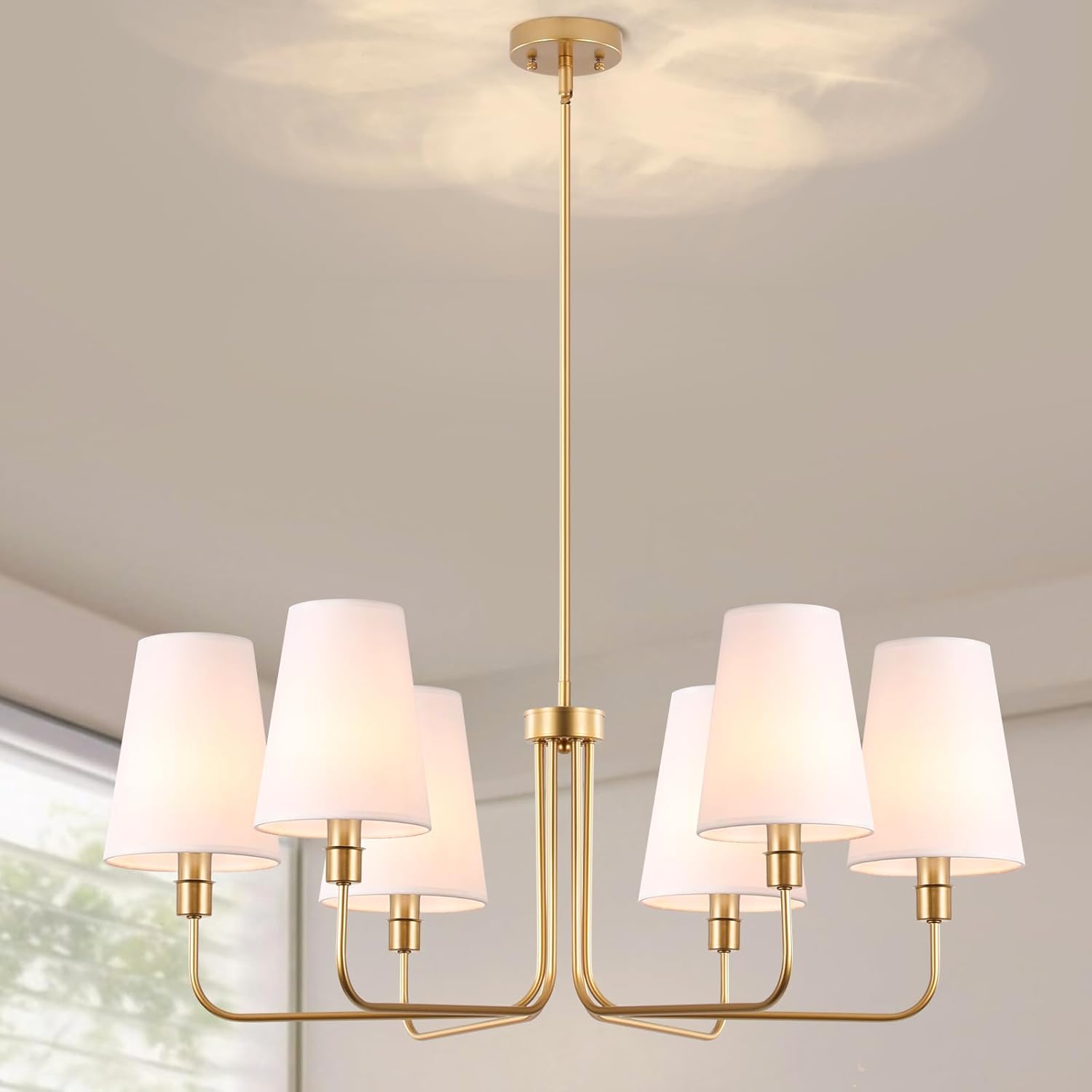 35.4in Gold Chandelier with Linen Fabric Shade 6-Light Modern Farmhouse Chandeliers for Dining Room Classic Island Lighting Adjustable Height Pendant Light for Dining Table Bedroom, E12