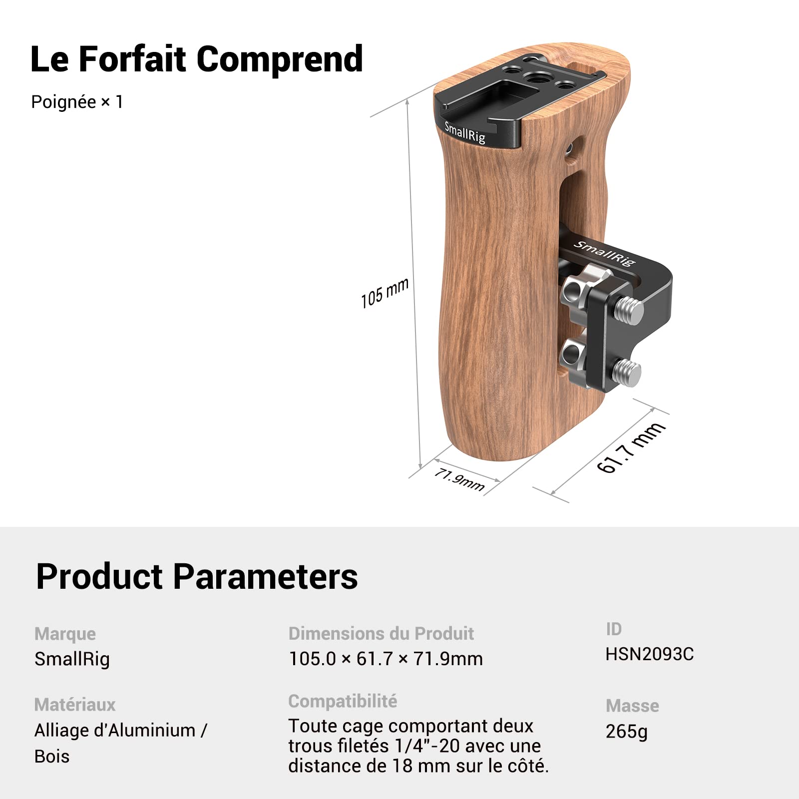 SMALLRIG Poignée en Bois avec Fixation Cold Shoe, Poignée Latérale Ajustable pour Camera DSLR Cage - 2093C