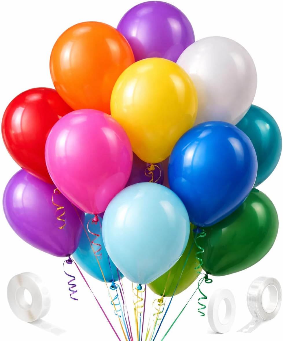 100 Pack Latex Balloons – 12 Inch Assorted Rainbow Party Balloons with Arch Strip, Ribbon & Glue Dots – Birthday, Baby Shower & Balloon Arch Decoration Kit