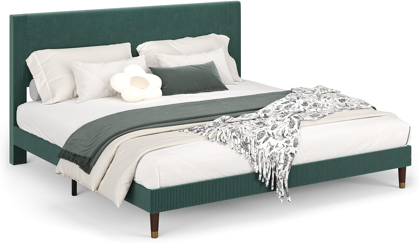 Platform Bed Frame with Headboard, Corduroy Upholstered Bed with Wooden Slats, No Box Spring Needed, Quiet Design Metal Support, Modern Bedroom Furniture, Dark Green, King Size