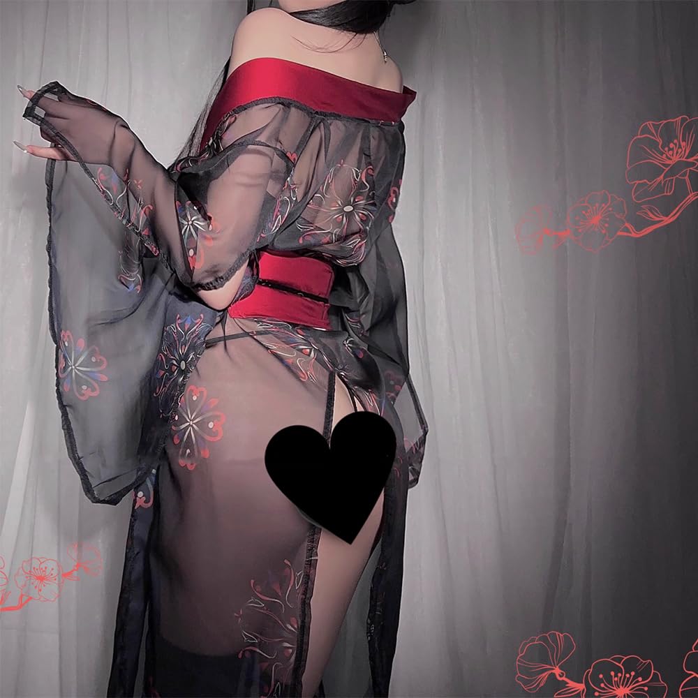 SENJIY sexy kimono lingerie for women costume cosplay robe Perspective Cute open front Deep V-Neck Floral Pattern short dress japanese Yukata Anime Side Slit suit Sleepwear Pajamas outfit set black