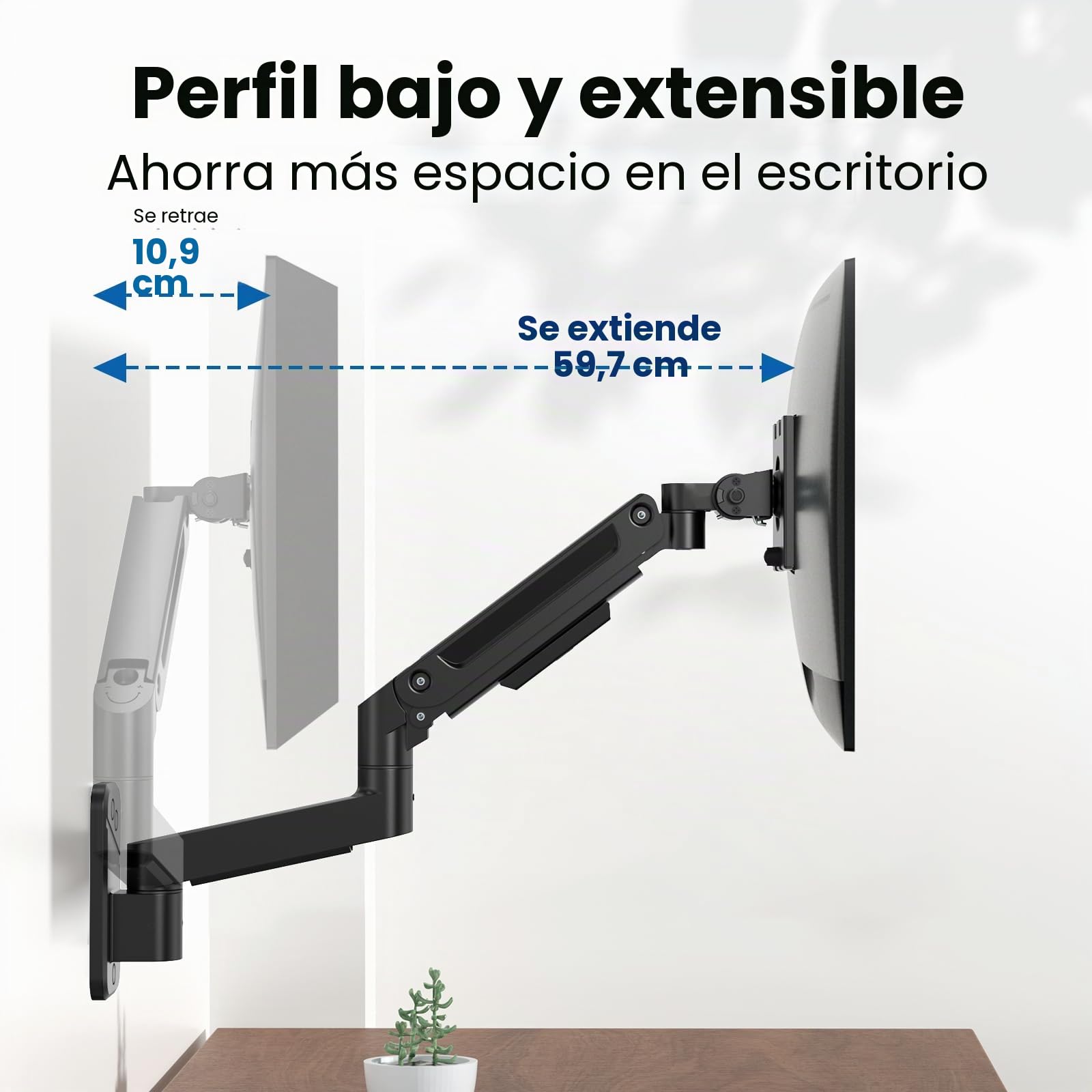 PUTORSEN Soporte Monitor Pared de 17 a 49 Pulgadas hasta 20 kg, Brazo Monitor Pared con Resorte de Gas Completamente Ajustable, Inclinación y Giro, Altura Ajustable, VESA 75/100 mm