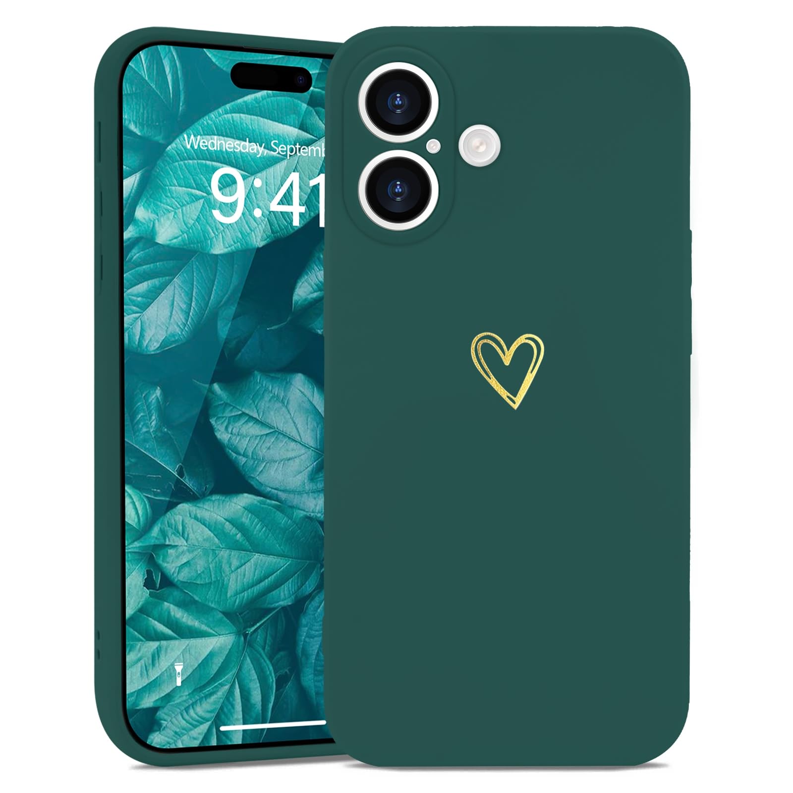 Wirvyuer for iPhone 16 Plus Case Cute Heart Pattern Soft Shockproof Protective Silicone Phone Case for Women Girls Green