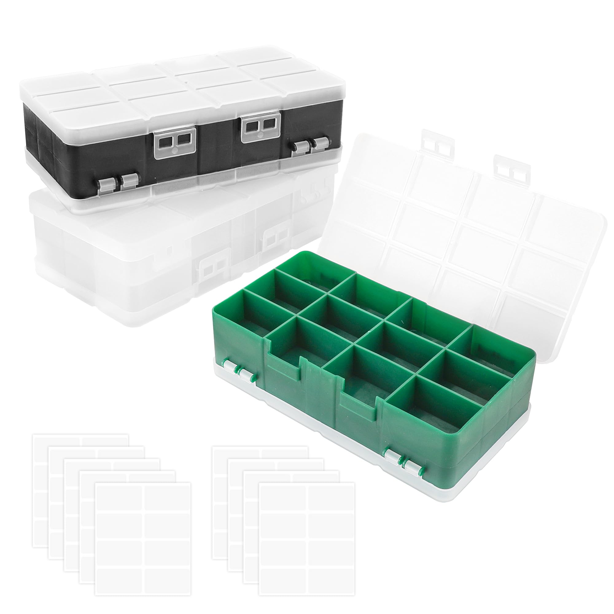 PTSGCAI 3pack 24 Grids Plastic Organizer Box, Double-sided open design Clear Plastic Organizer Box Container with Label Stickers for Jewelry, Art DIY Crafts, Washi Tapes, Beads and Small Parts