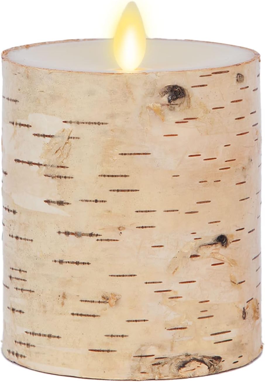 Real Birch Bark Wrapped Flameless LED Candle, 3.5" x 4.5", Battery Operated Moving Flame Pillar Light with Timer - Natural Decor Unscented