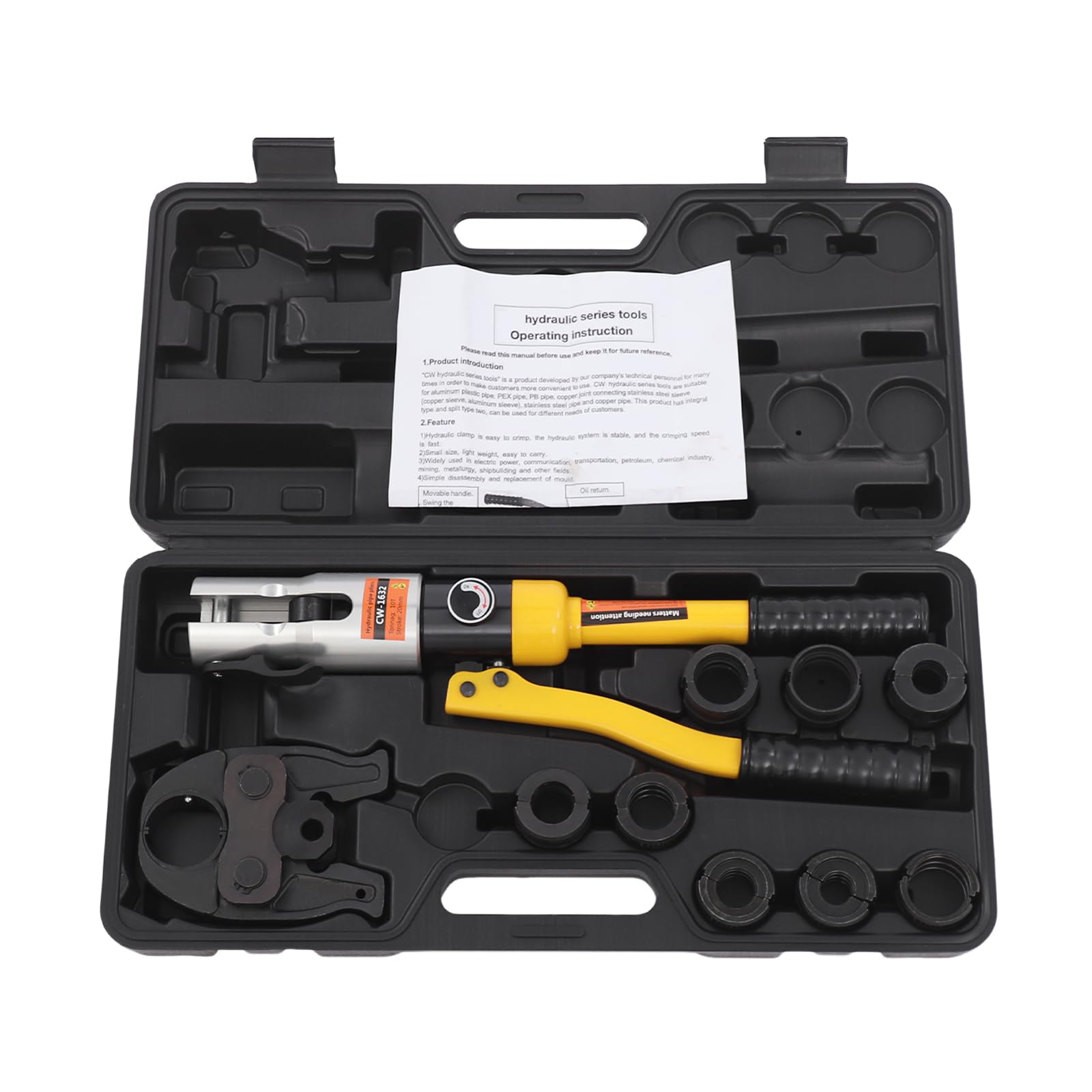 Szczypce hydrauliczne do prasy do rur, 6 ton, siła docisku 16-32 mm, do rur PPR PEX PB PE, z głowicą obrotową 360° i 8 matrycami, profesjonalny zestaw, srebrny