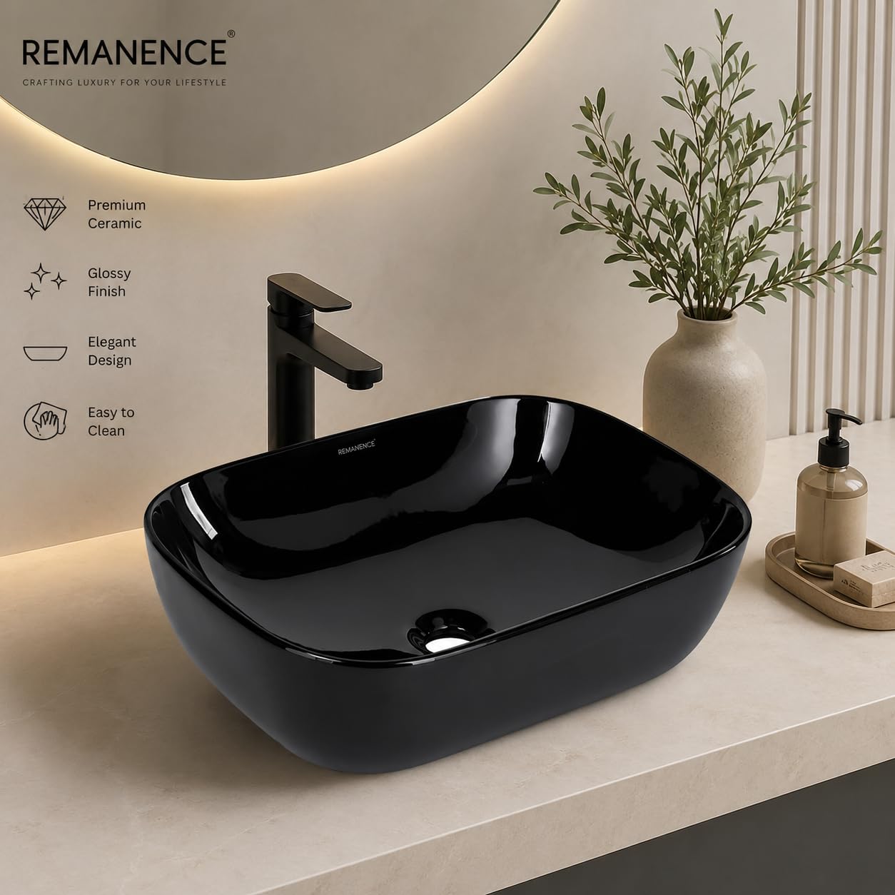 REMANENCE Premium Designer Glossy Finish Table Top Ceramic Wash Basin/Vessel Sink with Slim Rim Counter Top Basin for Bathroom (18 x 13 x 5.5 Inch) (Glossy-Black) 3