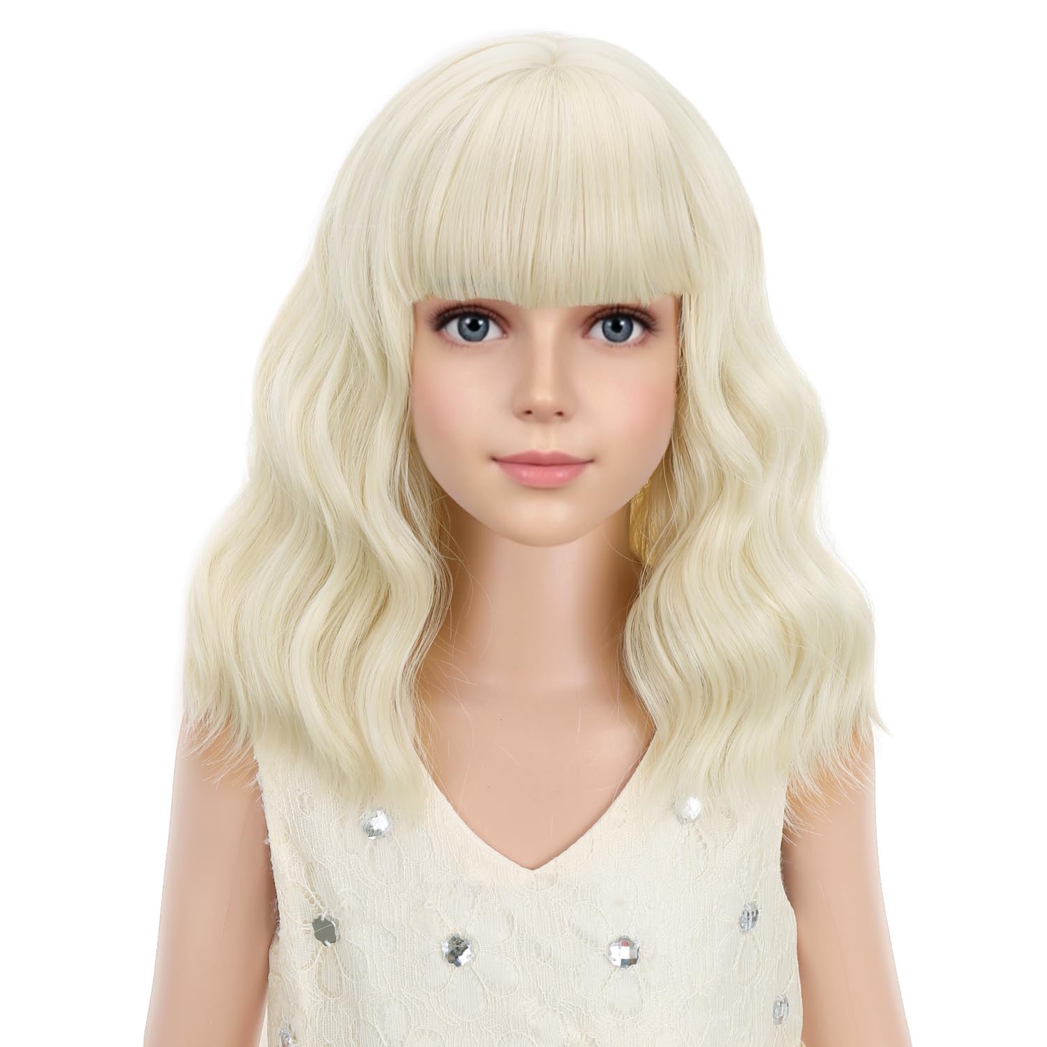 PATTNIUM Peruka dziecięca blond dla dziewczynek, krótka peruka blond, jasny blond peruka z grzywką, blond peruka bob dla dzieci, syntetyczna peruka z czepkiem