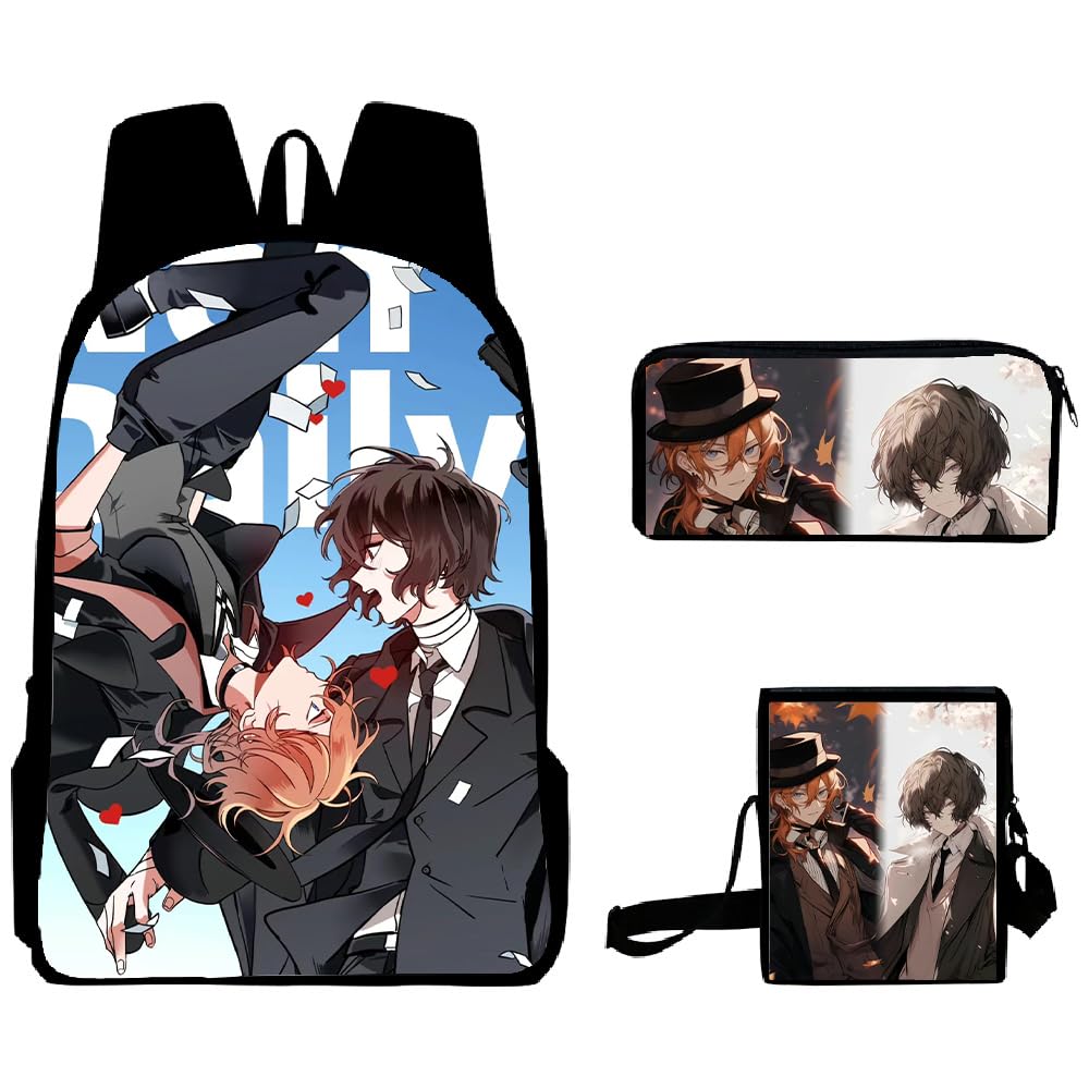 Bungo Stray Dogs Backpack 3Pcs Set Dazai Osamu Anime 3D Prints Backpack Single Shoulder Bag Pencil Case for Boys and Girls Christmas Birthday Gifts