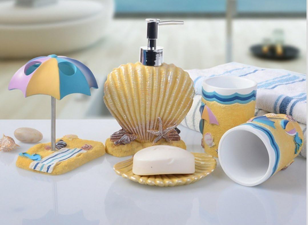AMSS 5pcs Bathroom Accessories Set Seaside beach Design Resin Finish