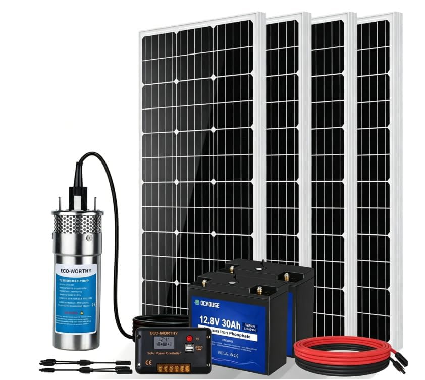 ECO-WORTHY Solar Well Water Pump Kit 24V DC Submersible Water Pump + 4pcs100W Solar Panel +30AH Lithium Battery+Controller+Cable for Well Pond Irrigation Home Farm - Delivered in Multiple Packages