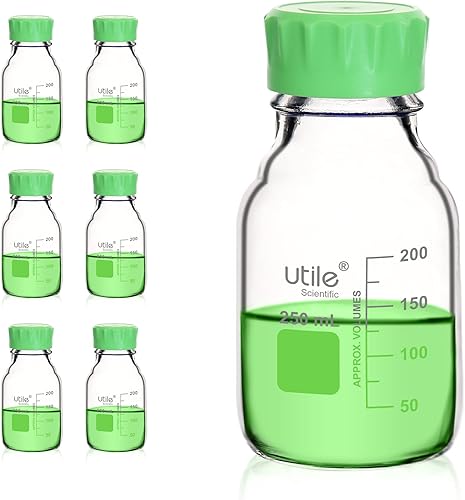 Utile Botella multimedia, 3.3 botellas de vidrio de borosilicato con tapones de rosca GL45, 6 botellas de medios de laboratorio de 8.45 onzas,