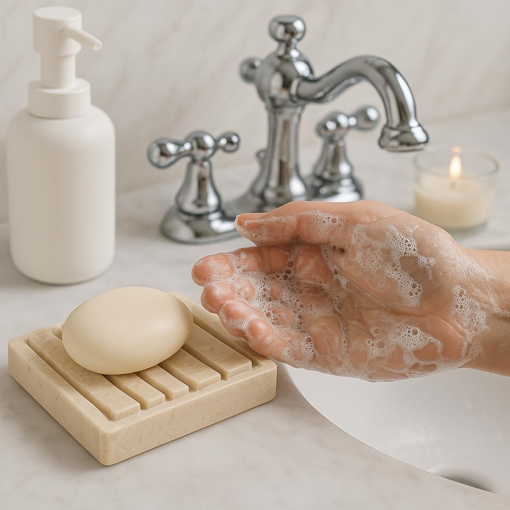 Creative Home Natural Champagne Marble Soap Dish, Beige, 5.2" x 4" | Handcrafted Stone, Non-Slip Base, Spa Collection Accessory, For Bathroom or Kitchen Sink