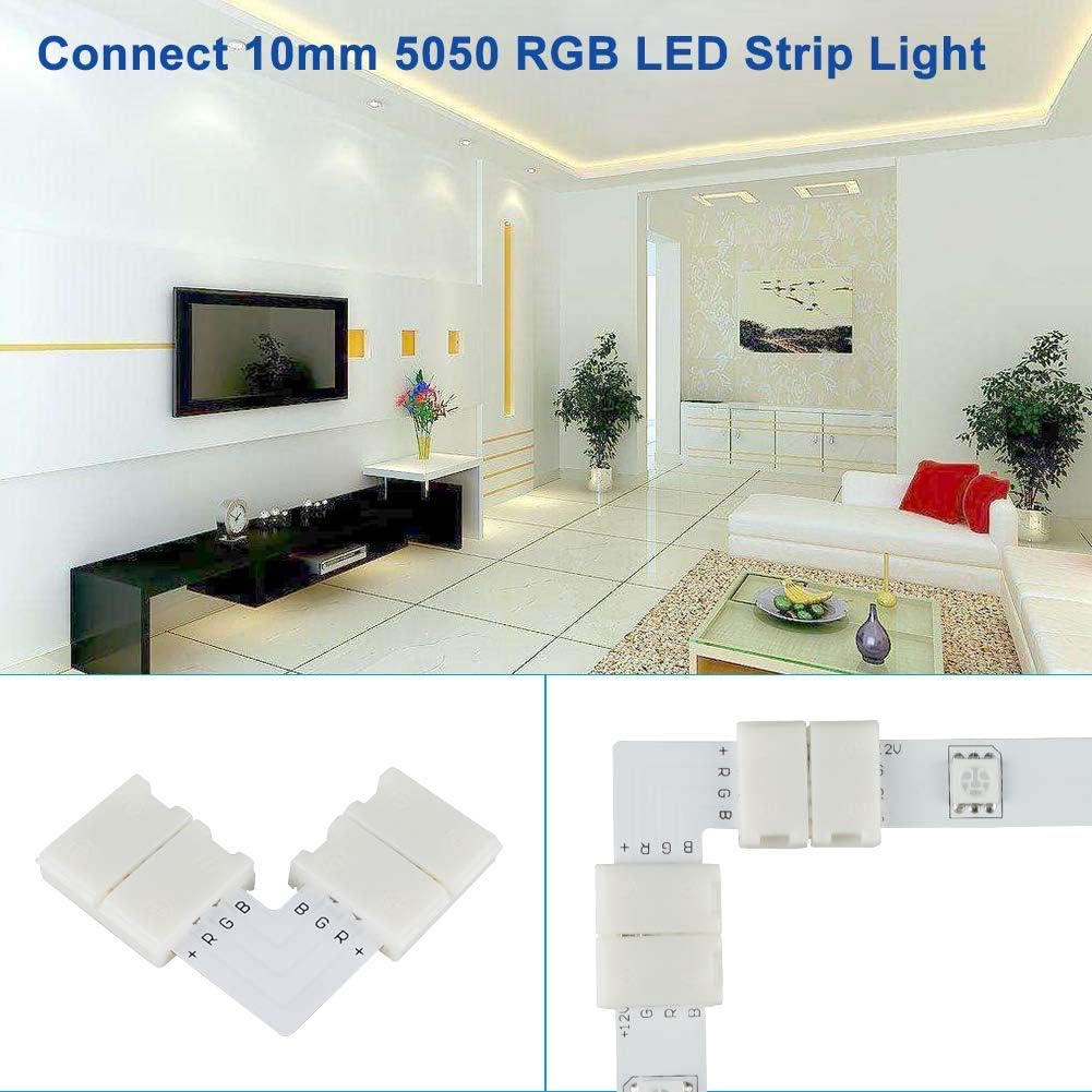 Zitrades LED Strip Connector 4 Pin, Compatible with 10mm Width SMD 5050 RGB Strip Light, Strip to Strip Jumper (10PCS L Shape + 20PCS Clips)