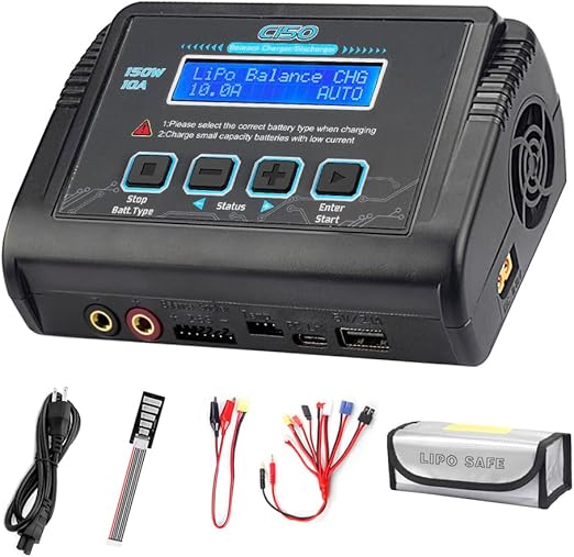 LiPo Battery Charger RC Balance Fast Charger Discharger 150W 10A AC/DC Battery Chargers for 1-6S Life Li-ion LiHV NiCd NiMH PB Smart Battery (Black)