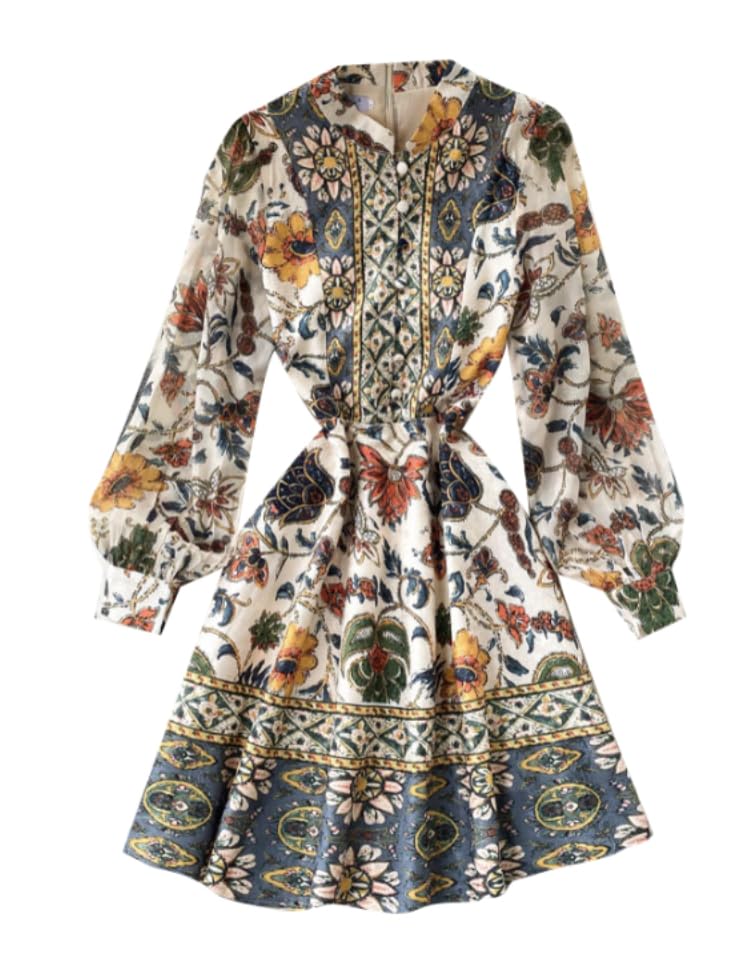 MAICOSY Vintage Floral Long Sleeve Mini Dress, High Neck, French Country Style, Blue and Orange Pattern