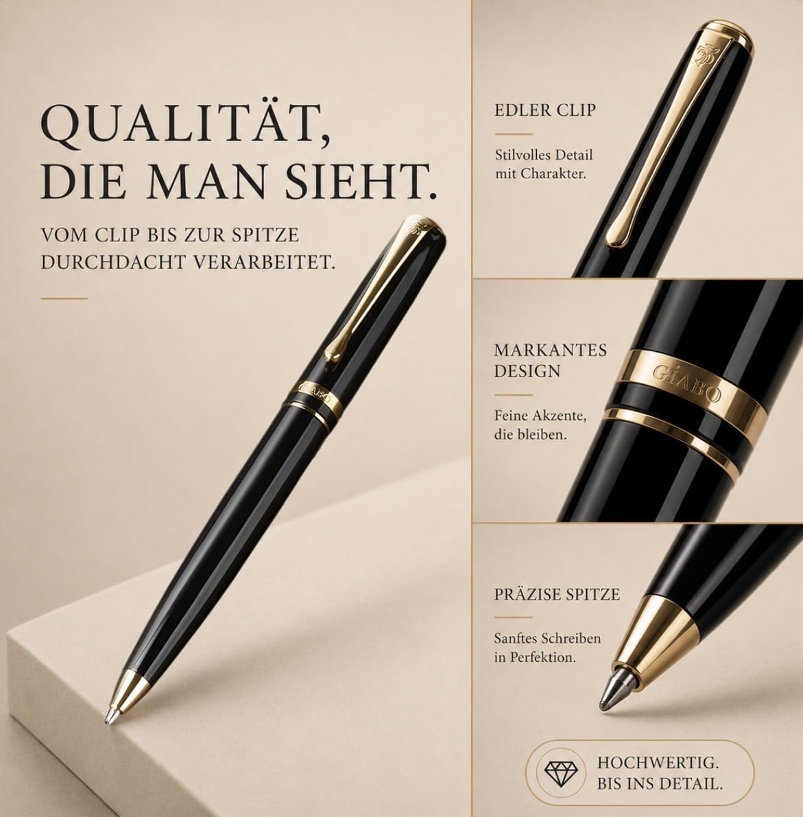 Gíabo Hochwertiger Kugelschreiber in schwarzem Klavierlack mit 24 vergoldeten Details | schwarz schreibend | Metall-Drehkugelschreiber mit Geschenkbox – Ideal für Business, Büro und besondere Anlässe
