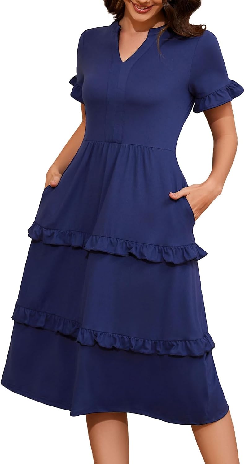 DRESSTELLS Womens Summer Casual Dresses 2025 Trendy Ruffle Short Sleeve V Neck A Line Tiered Flowy Loose Midi Beach Dress Navy Small