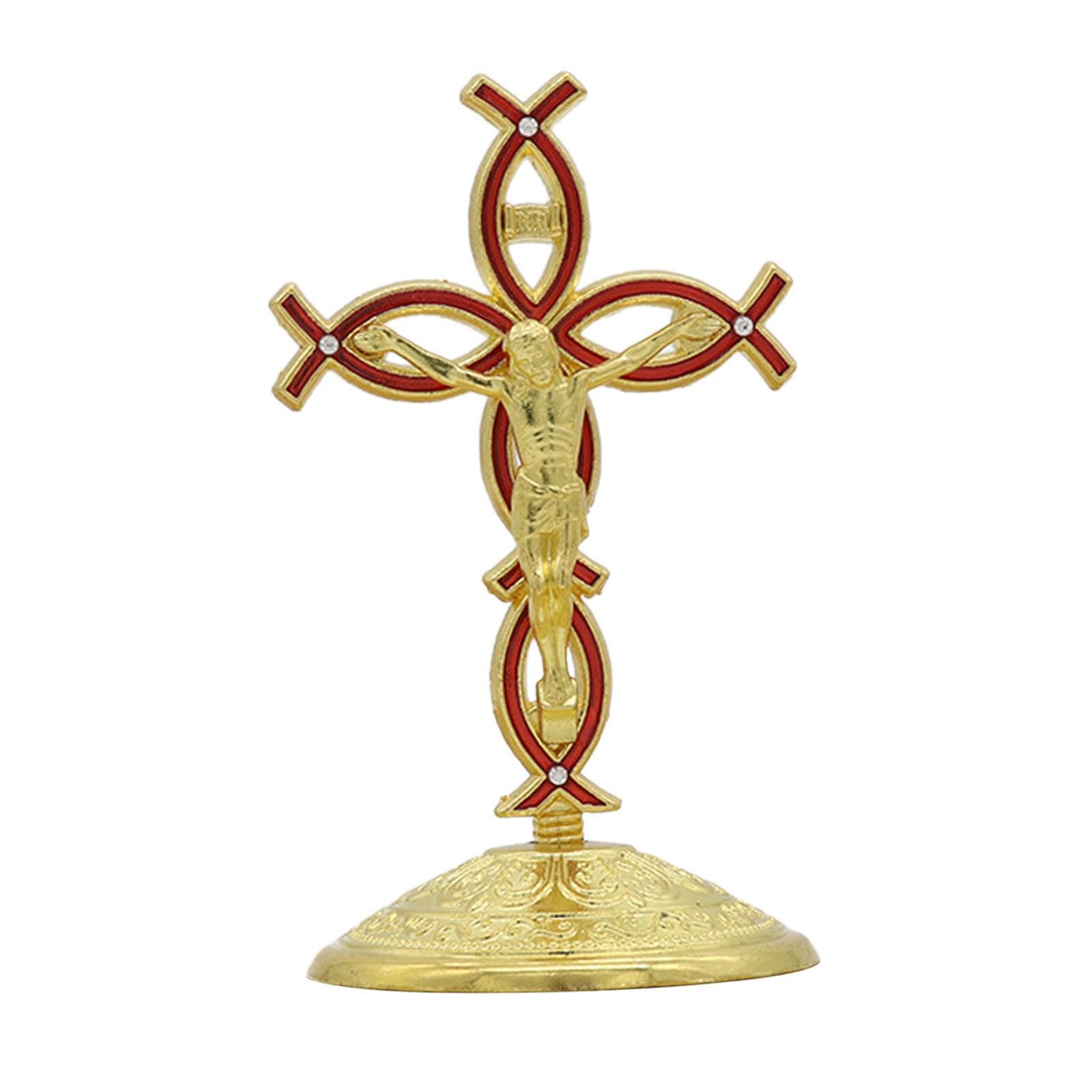 TWISAXC Exquisite Standing Cross Figurine Jesus Crucifix Statue Collection For Home Decoration Crucifix Tabletop Ornament Is Made Of Zinc Alloy Jesus Statue, Gold Red, 5x9cm