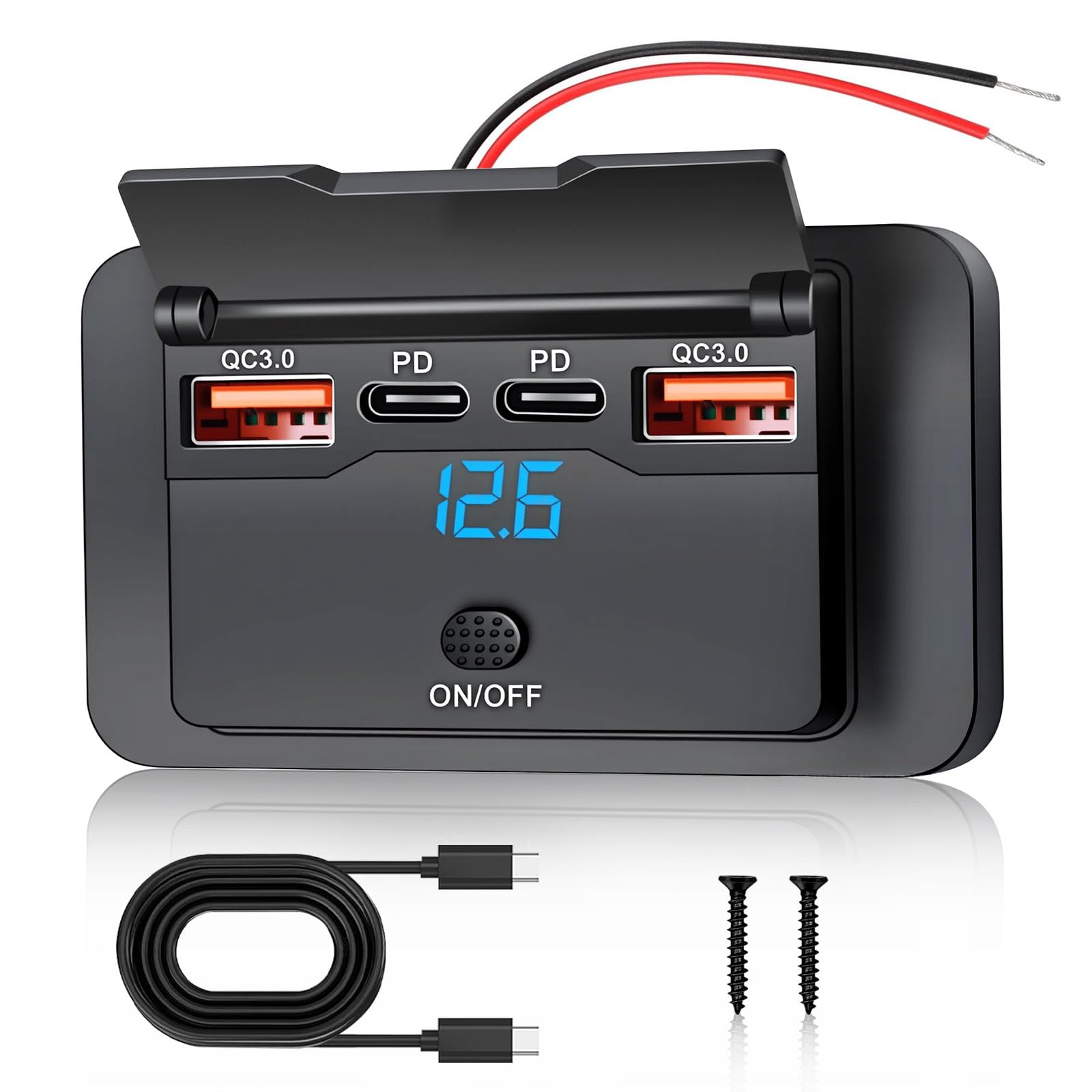 Daakro 2 stuks USB-oplaadaansluiting, 12 V, autolader met voltmeter 72 W, QC3.0, USB & Dual PD3.0 type C, snellader voor mobiele telefoon, waterdicht, met schakelaar voor 12 V/24 V caravan, auto