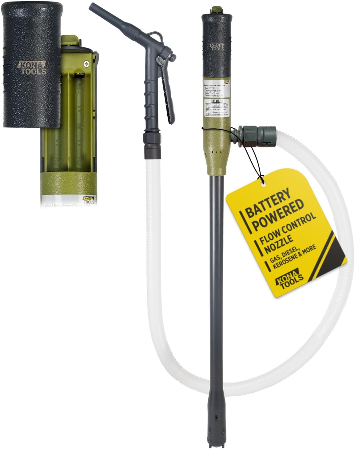 KONA TOOLS KTEP01M Battery Powered Fuel Transfer Pump with Manual Control Nozzle (3.2 Gal/Min) 19 inch Suction Tube, 51 inch Outtake Hose, Requires 4x AA Batteries for Gas/Diesel/Kerosene