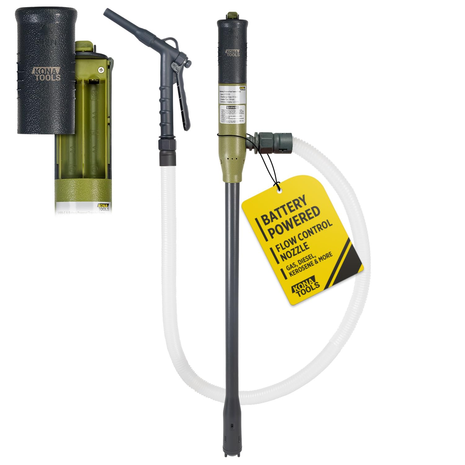 KONA TOOLS KTEP01M Battery Powered Fuel Transfer Pump with Manual Control Nozzle (3.2 Gal/Min) 19 inch Suction Tube, 51 inch Outtake Hose, Requires 4x AA Batteries for Gas/Diesel/Kerosene