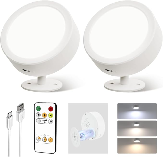 EZVALO LED Wall Mounted Lights, 5500mAh Rechargeable Wall Sconces Lamp, 3 Color Temps & Remote and Touch Control, 360°Rotation Dimmable Cordless Wall Light for Bedroom Reading Study (2 Pack White)