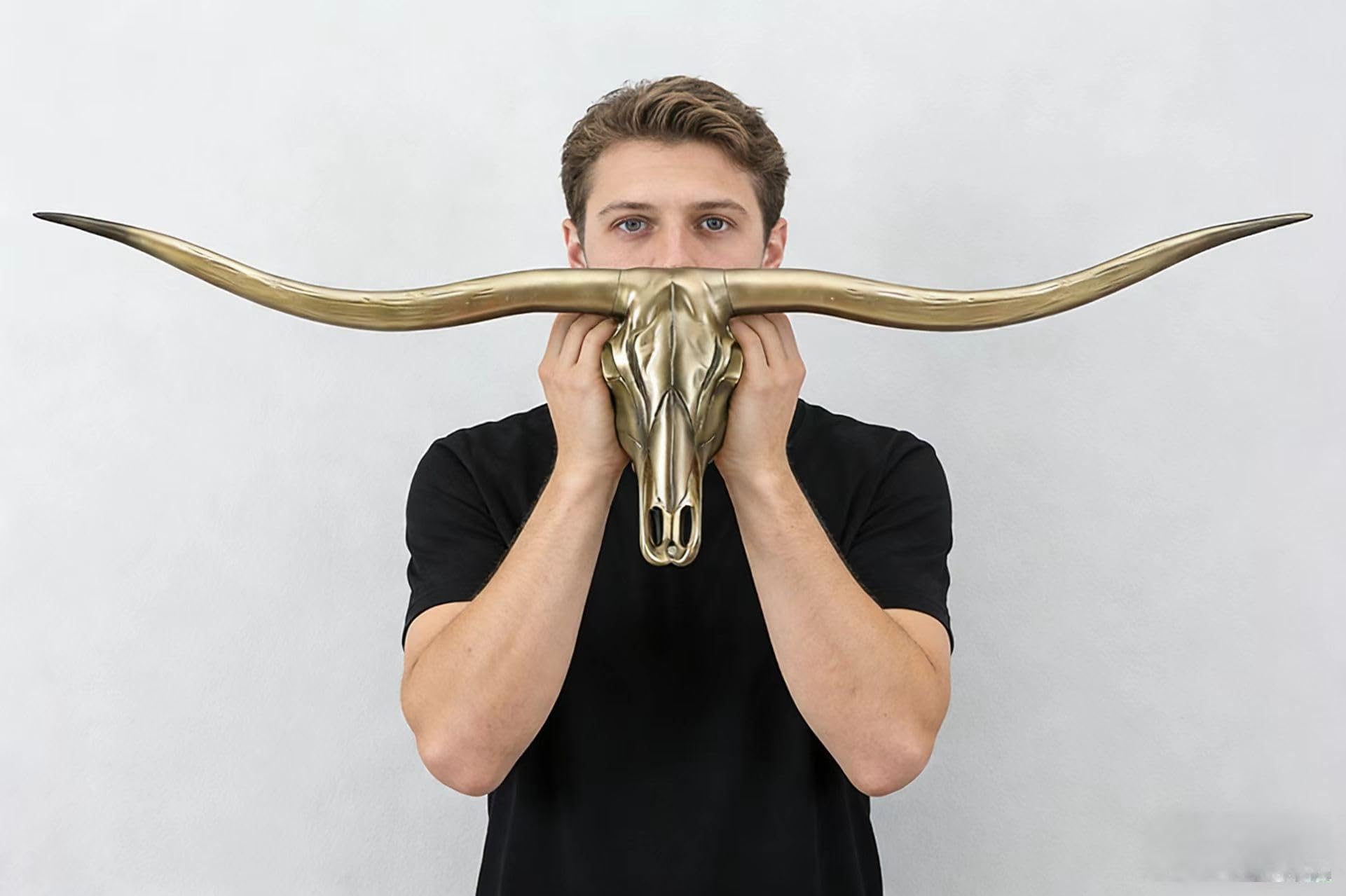 Bkcehcrs Black Horn Cow Skull Decor, Faux Longhorn Skull Faux Taxidermy Head Wall Decor, Handmade Simulation Large Bull's Head,