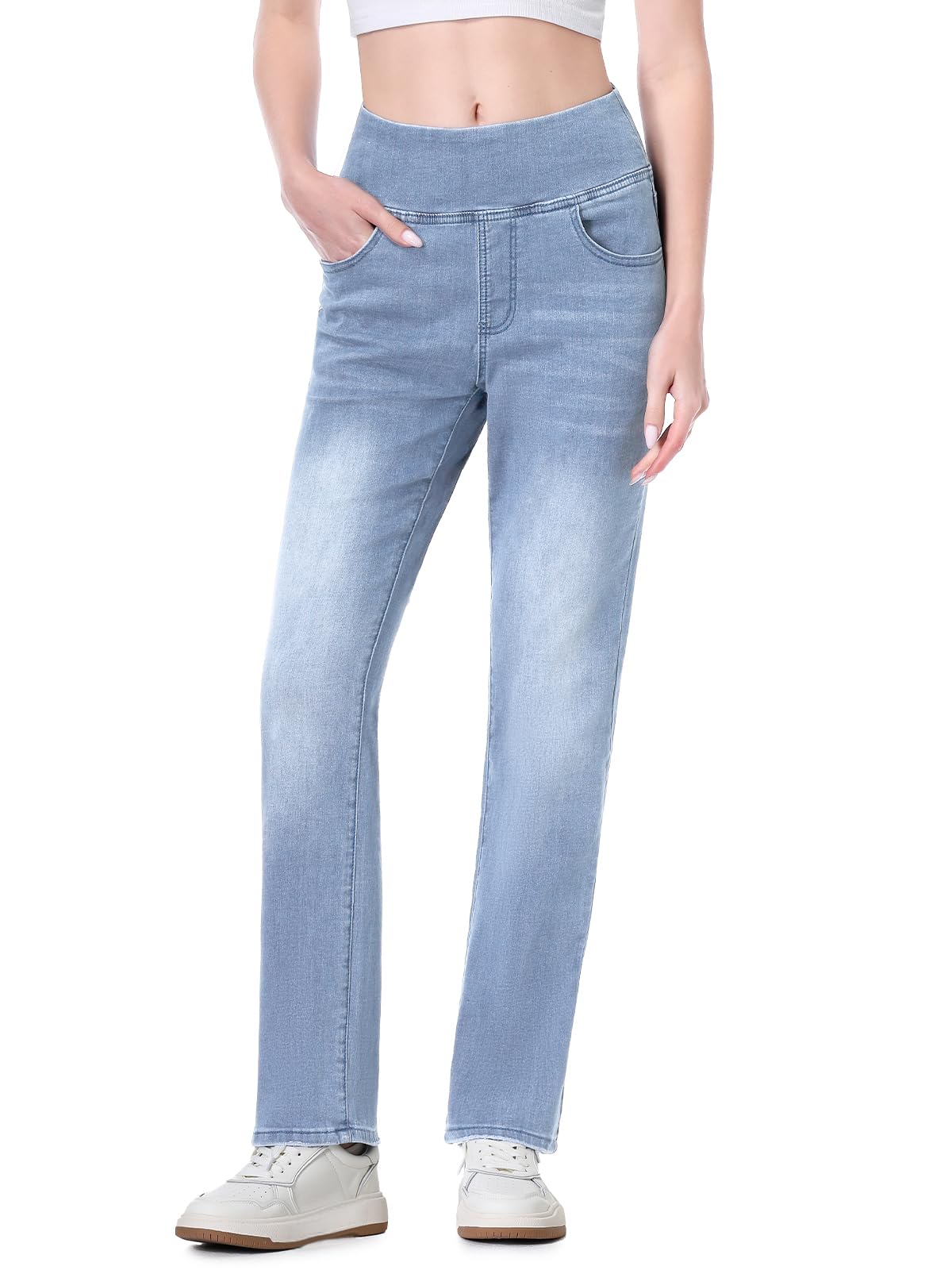 Straight Jean Femme, Pull on Jeggings Taille Haute et Jambes Droites avec Poches,Mode Slim Fit Pantalon Denim Leggings Large Stretch