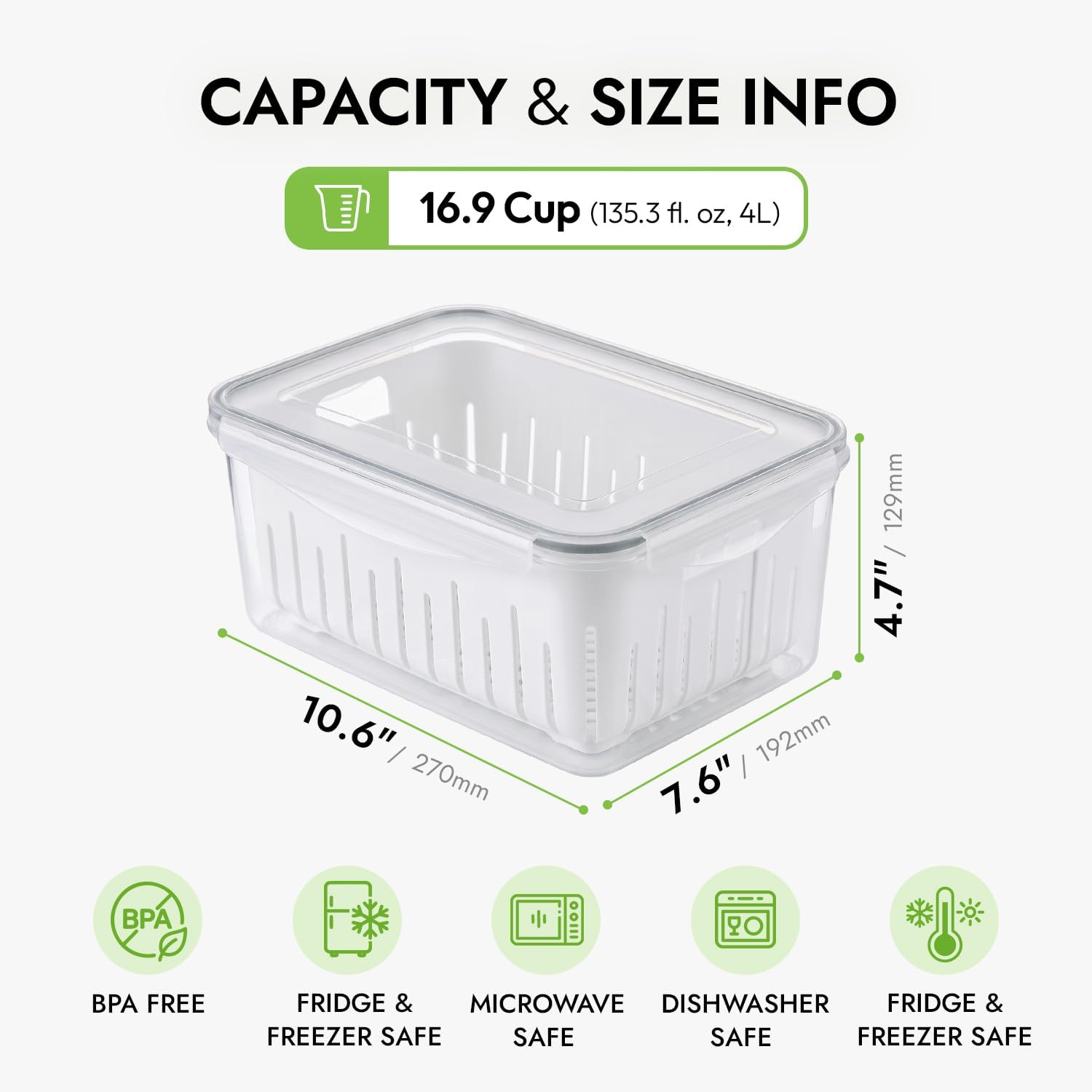 carrotez 16.9 Cup Produce Saver Container for Fridge with White Colander, Airtight Fruit & Vegetable Storage Bin, Removable Strainer Basket, BPA-Free, Stackable, 4.0L