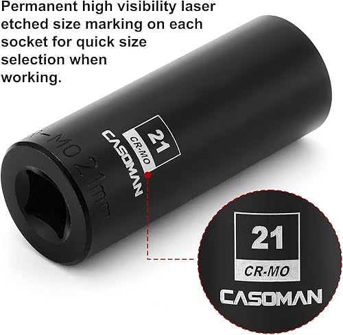 Miniatura 42 de CASOMAN 1/2" Drive x 1.417 in Deep 12 PT Socket Impacto, CR-MO, 1/2" Drive 12 Point Axle Nut Socket para una fácil extracción de las tuercas del eje