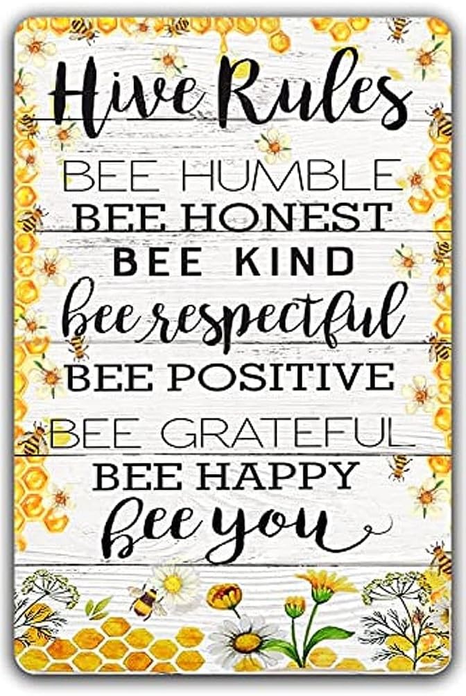 Liantsh 01 Bee Garden Decor Farm Hive Rules Tin Sign Vintage Bumble Bee Kitchen Wall Decor Classroom Inspirational Metal Signs Bee Humble Bee Honest Bee Kind Honey Bees Decorations For Home 8X12 Inch (01)