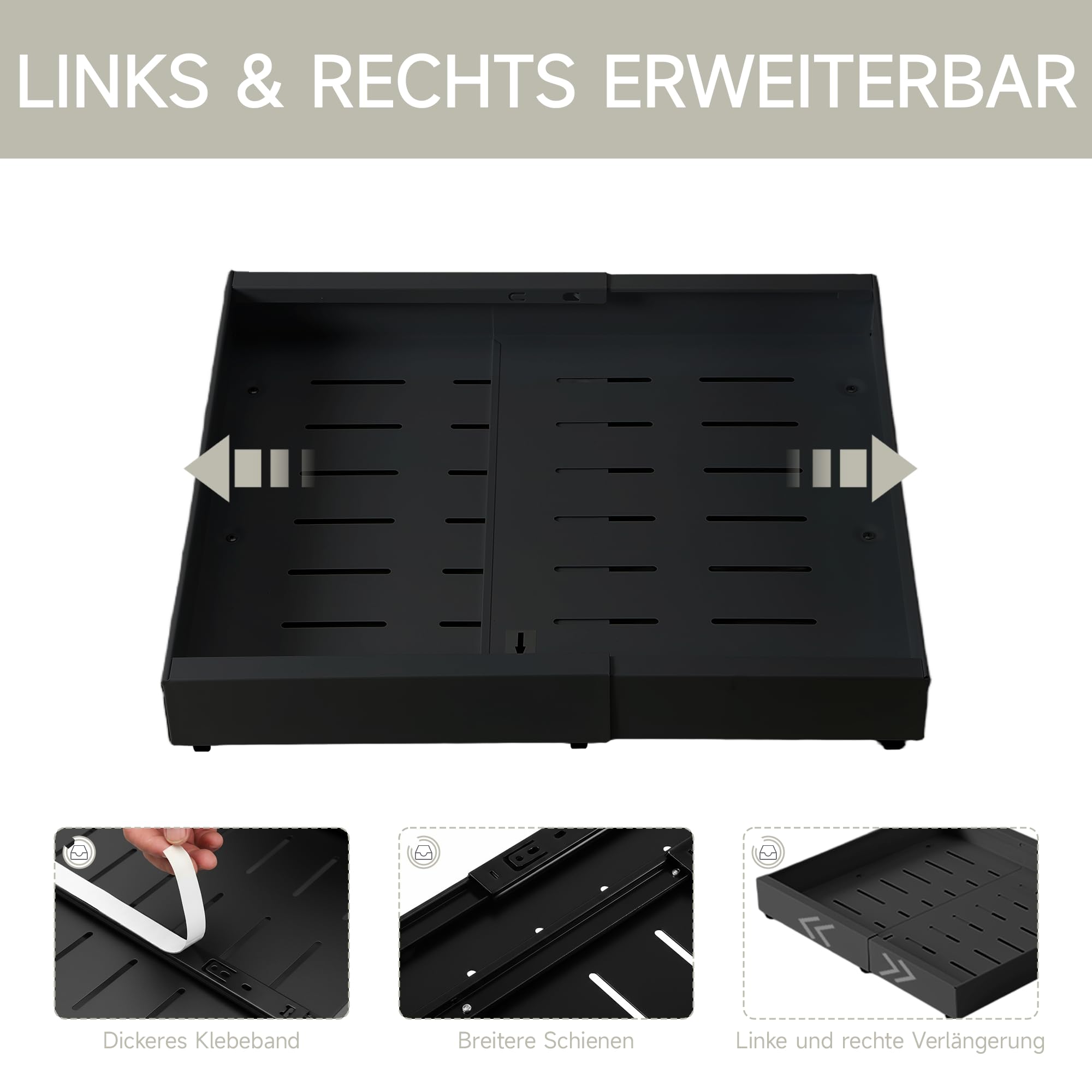 Auszug Küchenschrank 53 cm Tief ohne Bohren 2er-Pack Schubladen organizer Kohlenstoffstahl Teleskopschublade erweiterbare Breite 31-52 cm schwarz