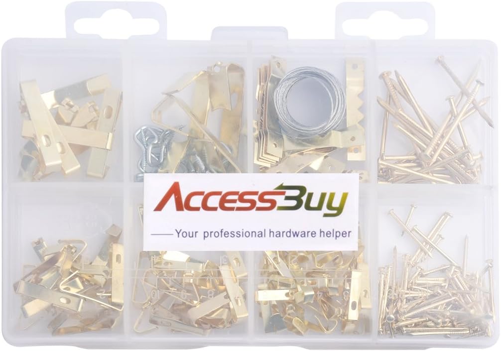 Accessbuy Picture Hangers kit,Photo Picture Frame Hooks Medium Hanging Assortment Kit, with Wire, Picture Hangers, Hooks, Nails and Hardware for Frames 200pcs (100lbs 50lbs 30lbs 20lbs 10lbs) - - 