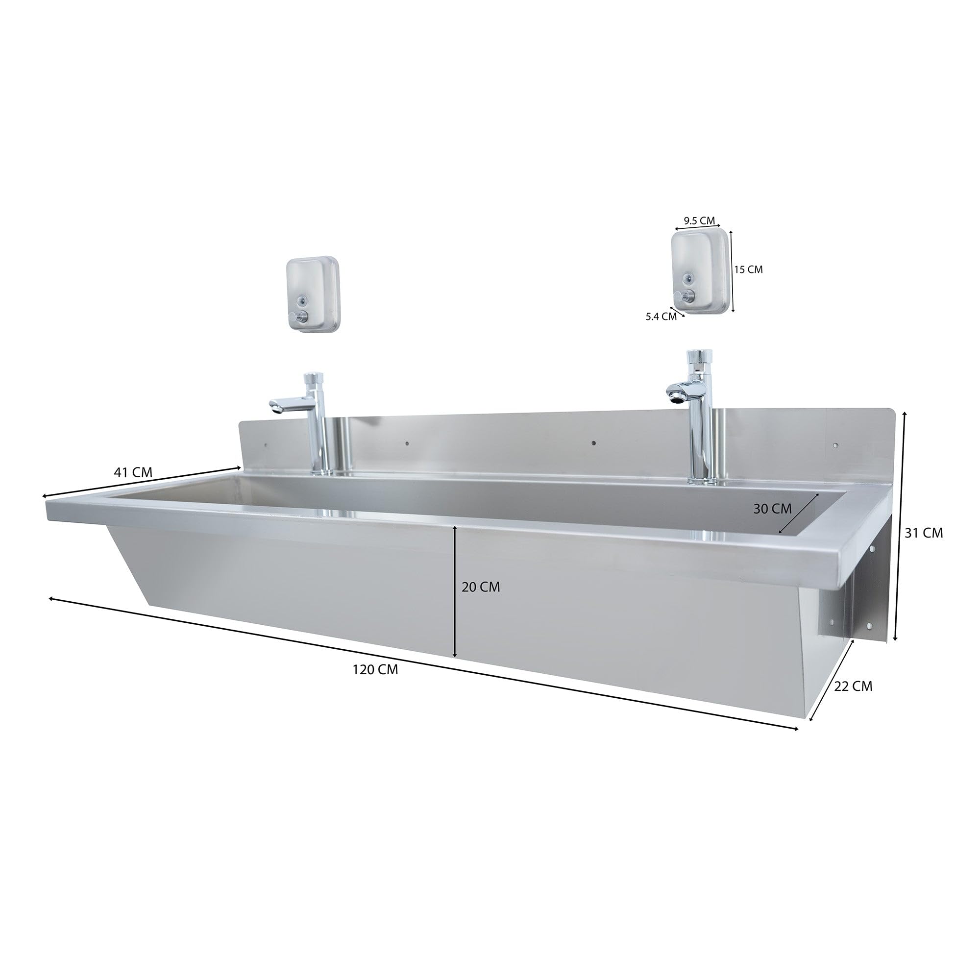 Lavabo a Canale da Parete in Acciaio Inox 120 cm (1200 mm) Professionale con Miscelatore, Rubinetti Push, Paraschizzi, Scarico Inclinato e 2 Dispenser Sapone da 500 ml