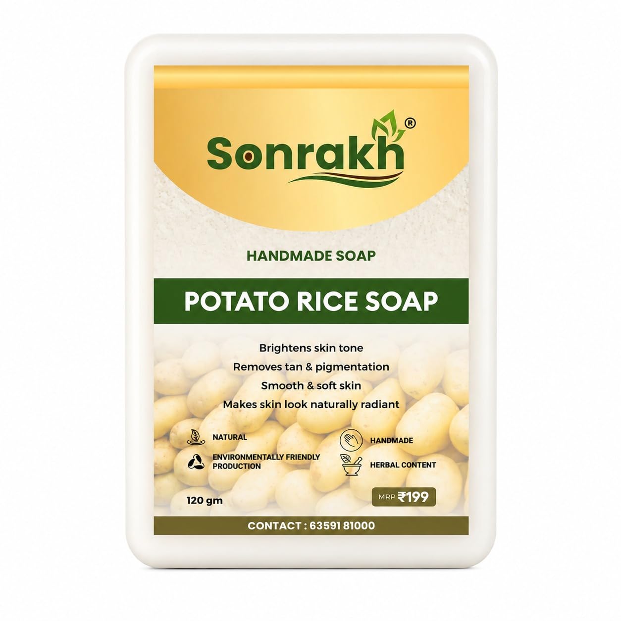 potato rice soap 120g | handmade herbal bathing soap for skin brightening & natural glow | helps improve uneven skin tone, tan & pigmentation | nourishing soap for smooth & soft skin (pack of 1)