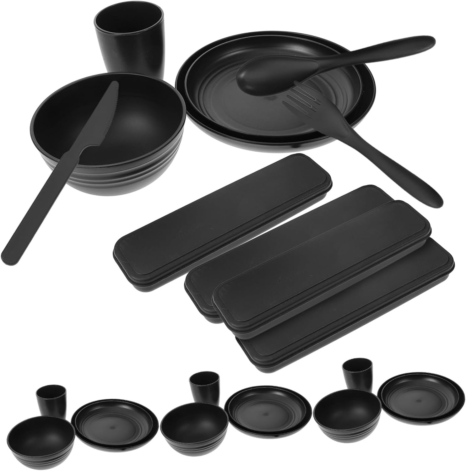 4sets Black Camping Dinnerware Cutlery Bowl Plate Cup Utensils Case for Picnic Hiking
