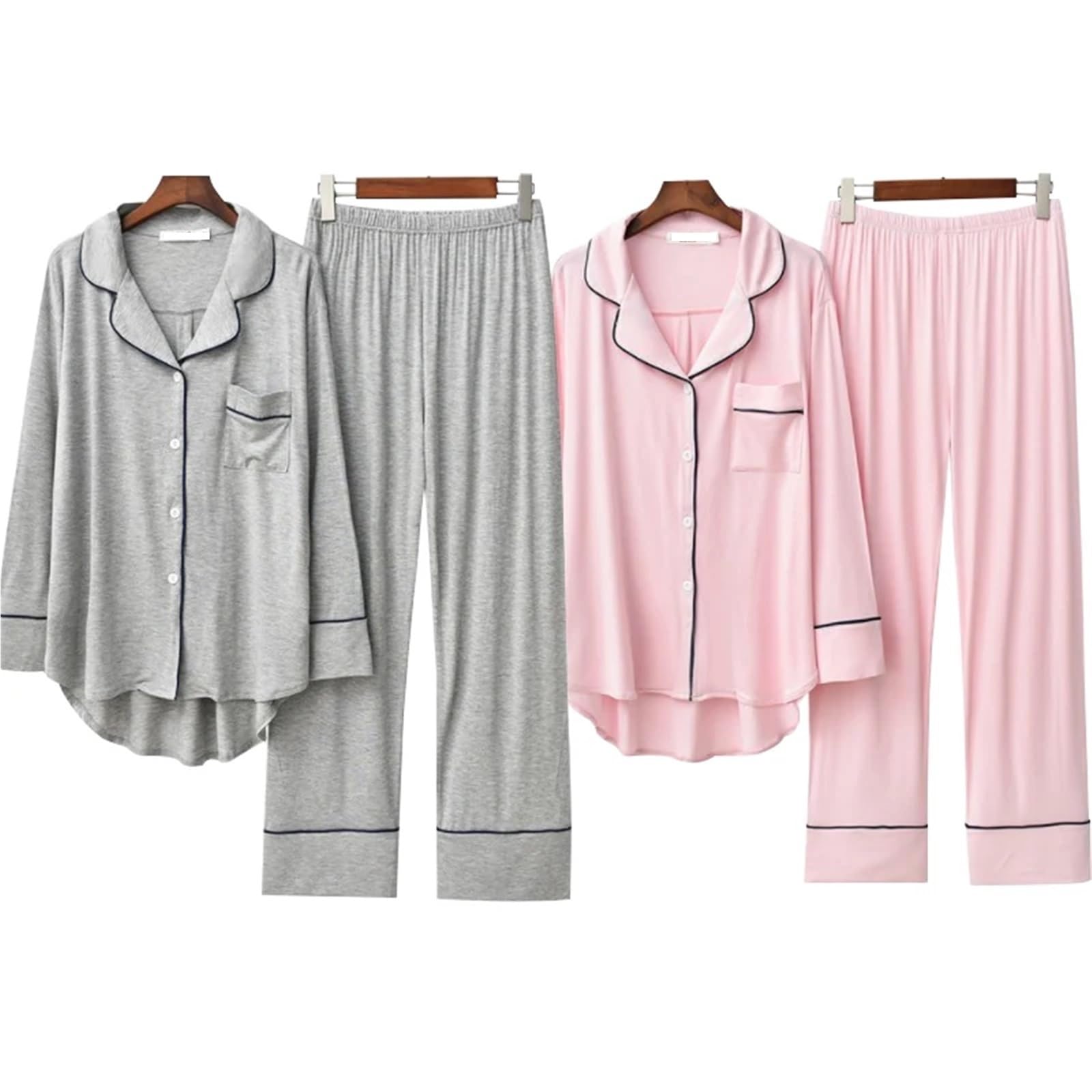 Pijamas para Mujer Conjuntos de Pijamas de Manga Larga for Mujer, Traje Liso Holgado, Transpirable y Suave, Ropa de casa cómoda(Dark Blue,M)